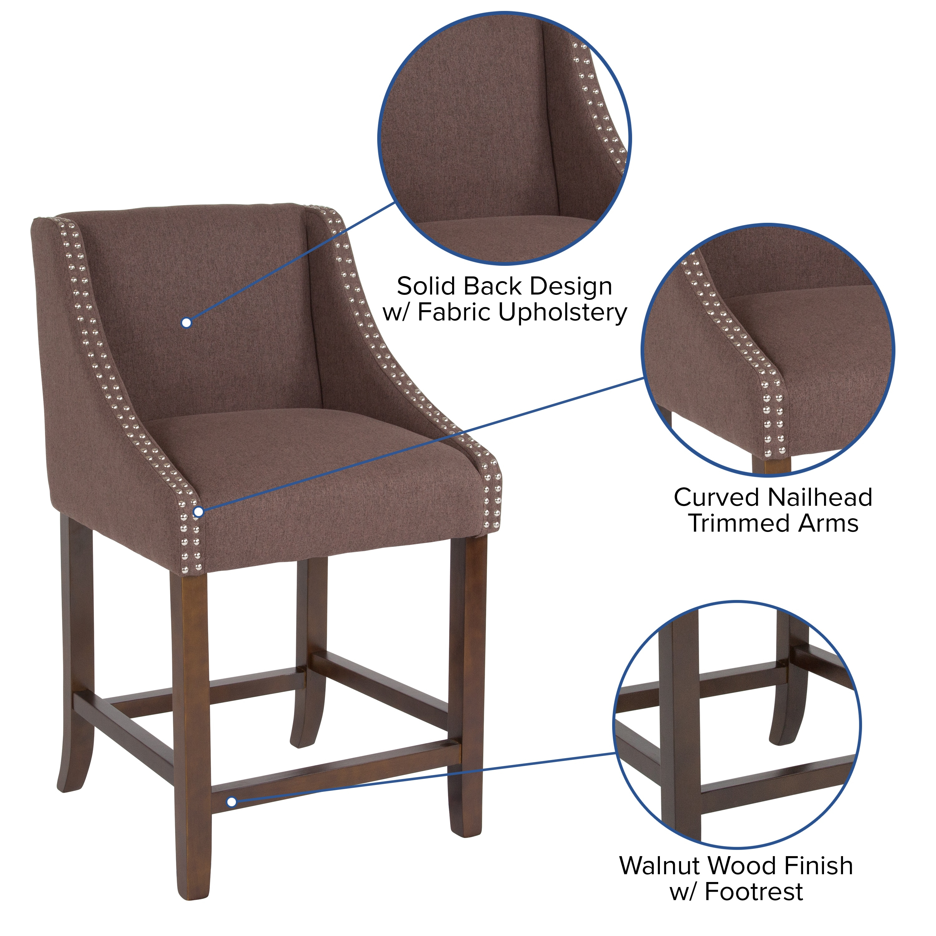 Flash Furniture Carmel Series 24" High Transitional Walnut Counter Height Stool with Accent Nail Trim in Brown Fabric
