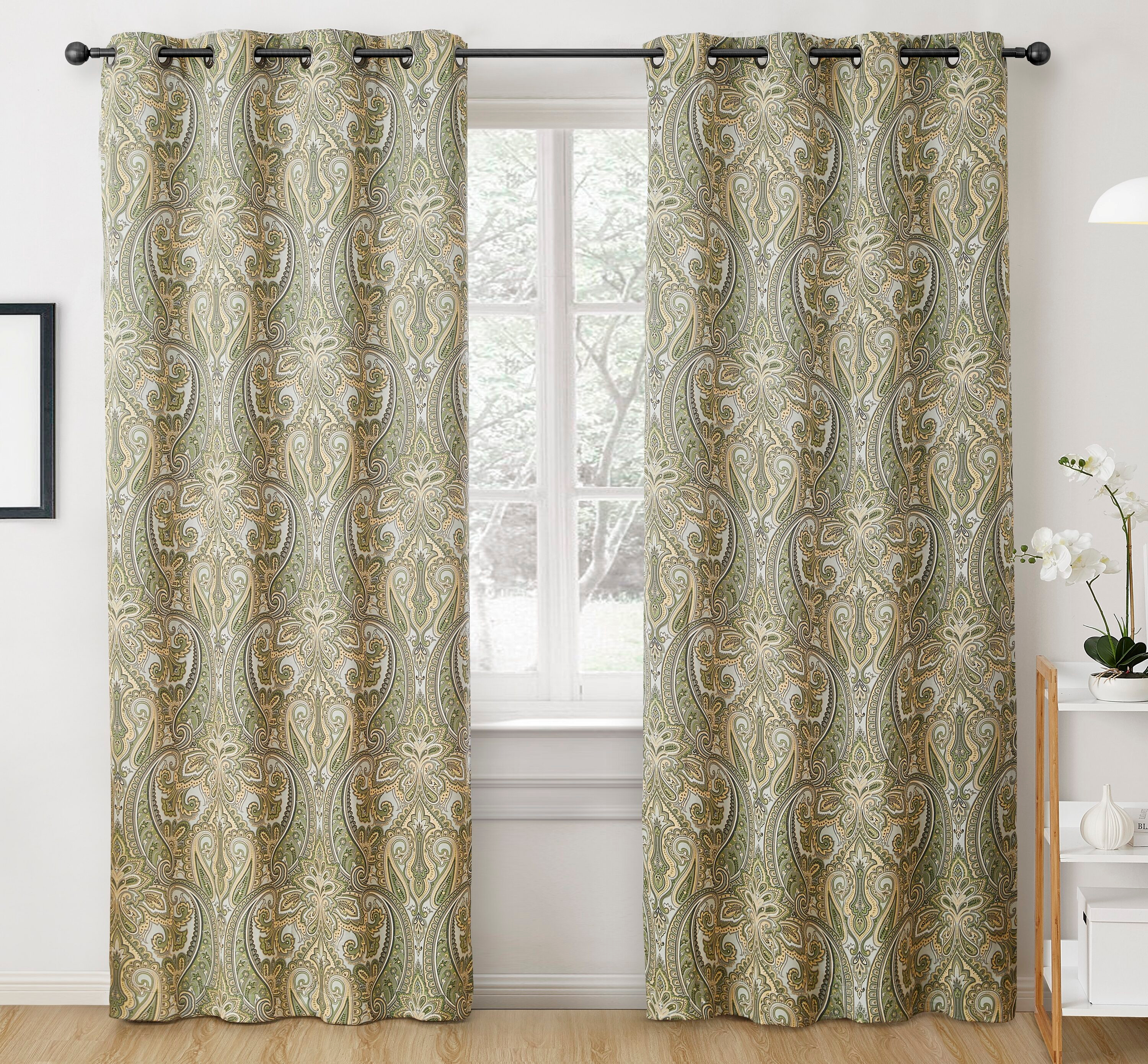HLC.ME Paris Paisley Decorative Print Damask Pattern Thermal Insulated Semi-Blackout Energy Savings Room Darkening Grommet Window Curtain Panels for Bedroom - Set of 2 (50 x 72 Long, Sage Green)