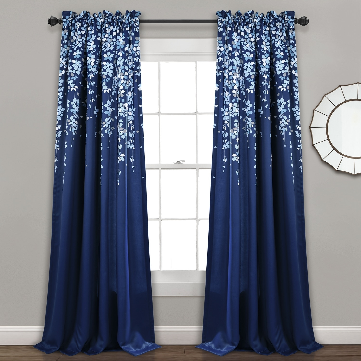 Lush Decor Weeping Flower Bright Colorful Floral Print 3" Rod Pocket Room Darkening Window Curtain Panel, Navy, 95"L x 52"W + 2" Header, Set of 2