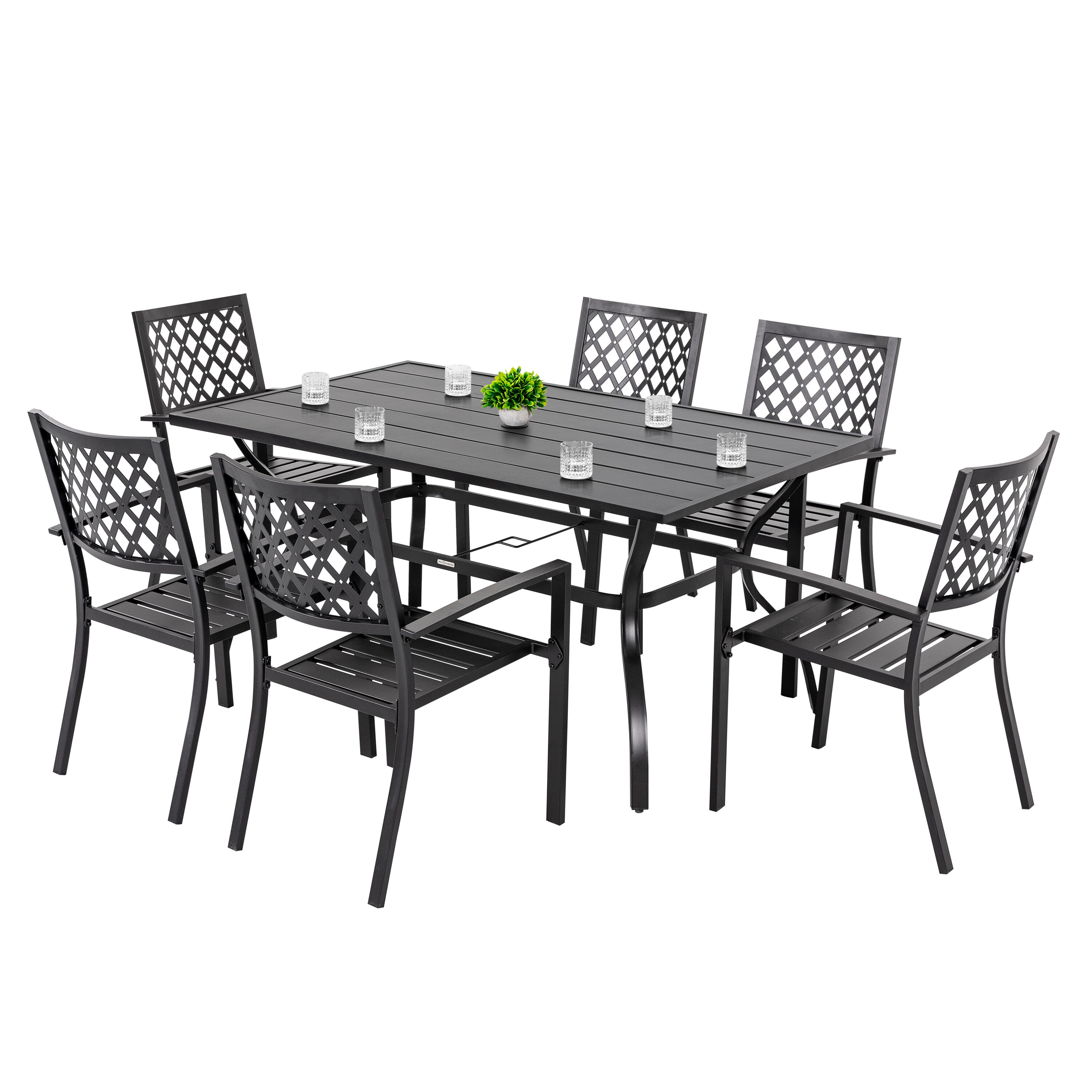 Nuu Garden Outdoor 7-Piece Iron Dining Set with 1.77'' Umbrella Hole