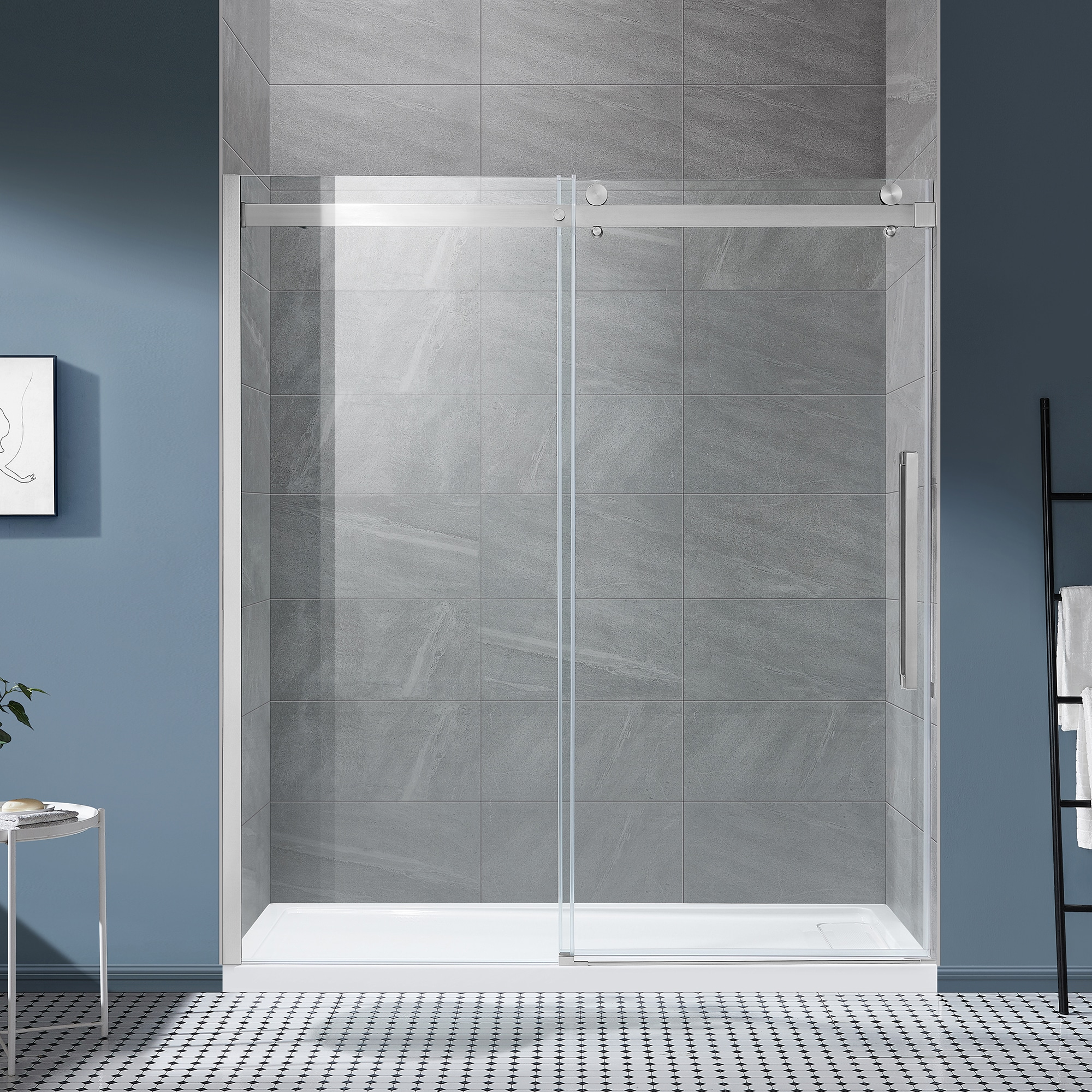 OVE Decors Bel Soft Close Satin nickel 72-in W x 78.75-in H Frameless Clear Glass Sliding Soft Close Shower door