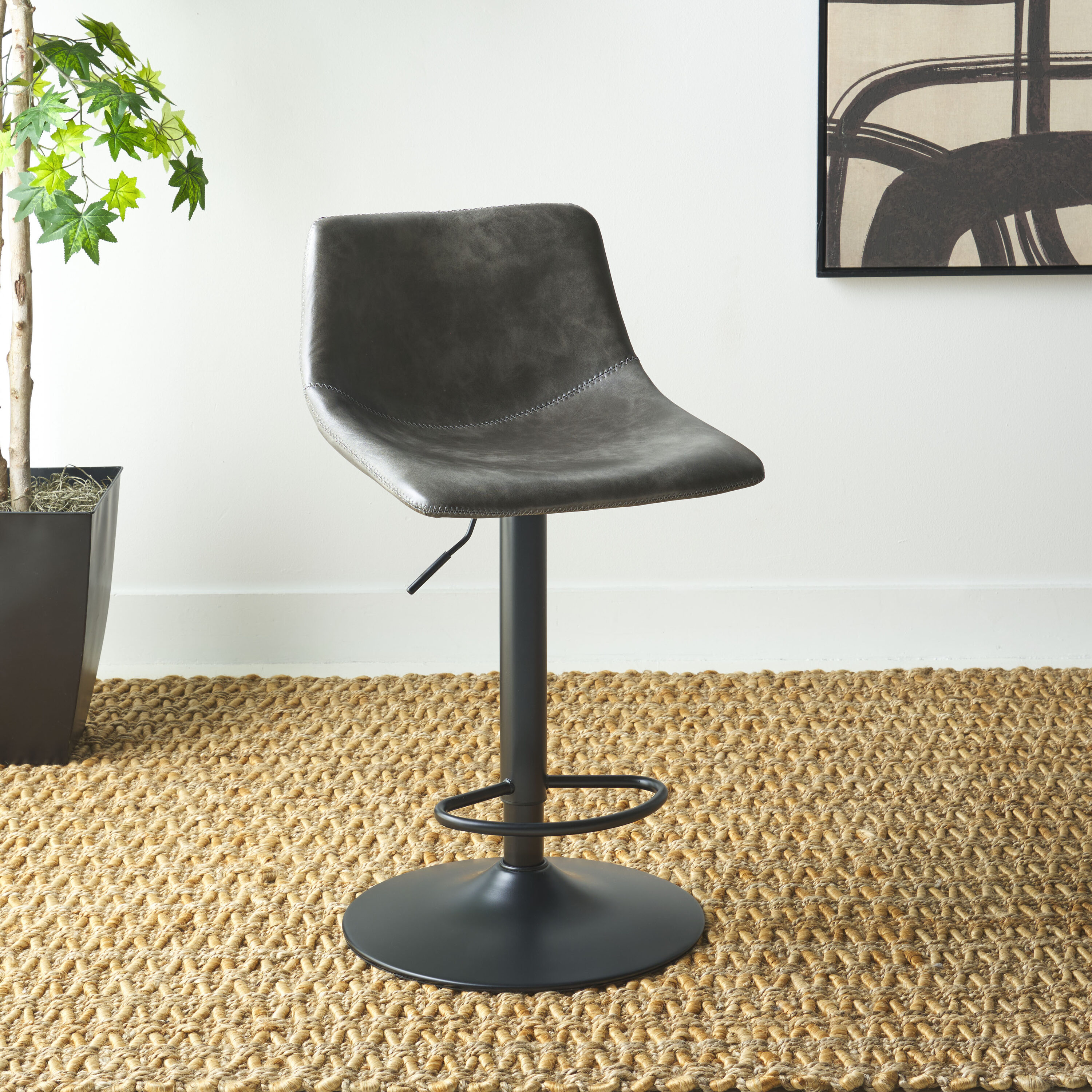 Aelin Adjustable Gray Faux-Leather Swivel Bar Stool with Black Metal Base