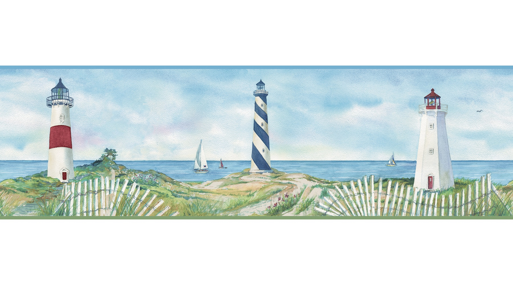 Eugene Light Blue Coastal Lighthouse Portrait Blue Wallpaper Border