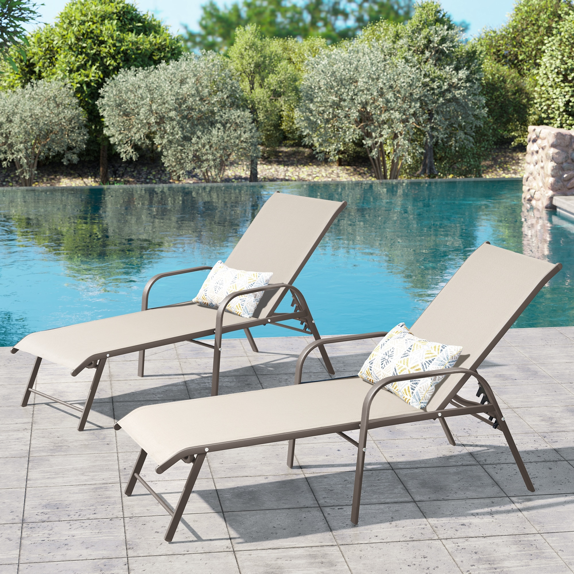 Crestlive Products Set of 2 Aluminum Patio Chaise Lounge Chair Folding Outdoor Recliners, Beige