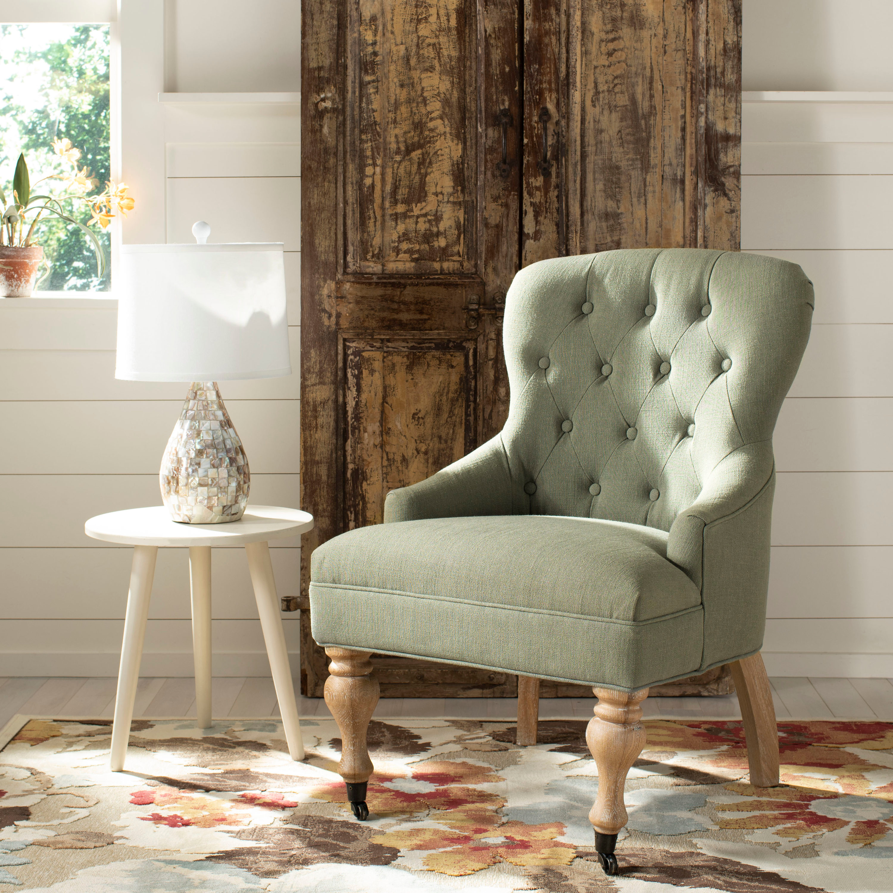 Petite Granite Grey Linen Upholstered Arm Chair with White Wash Birch Legs