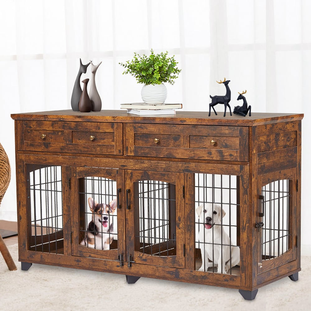 Dog Crate Furniture with 5 Doors, 58" Wooden Dog Kennel End Table with Large Capacity Drawers, Dog House with Openable Divider for Small/Medium/Large Dog,Dog Cage,Side End Table,Rustic Brown