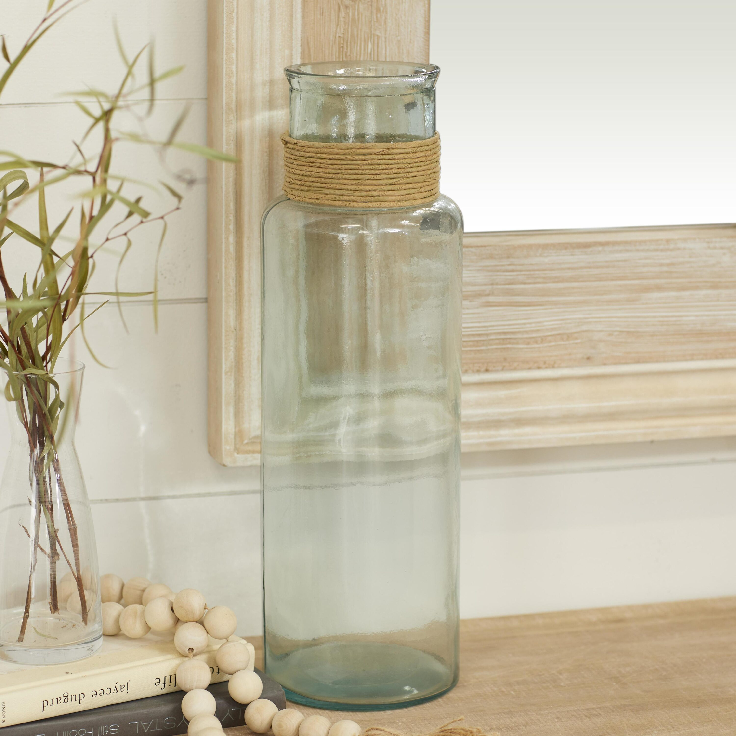 DecMode 18" Spanish Recycled Glass Vase with Rattan Detail