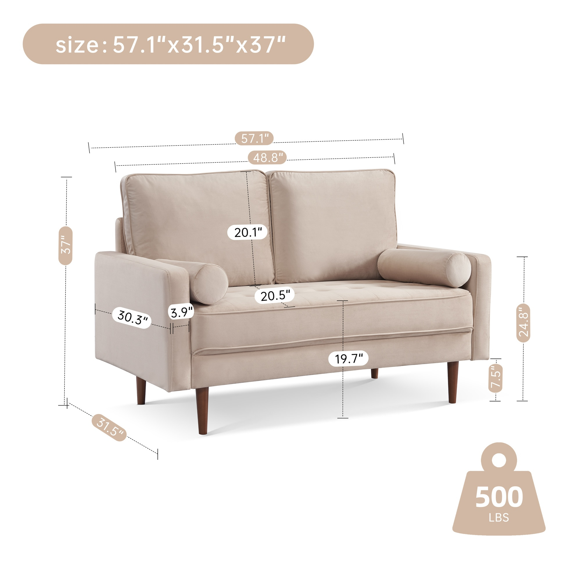 57 Inch Wide Upholstered Two Cushion Loveseat w/ Bolster Pillows in Beige Velvet