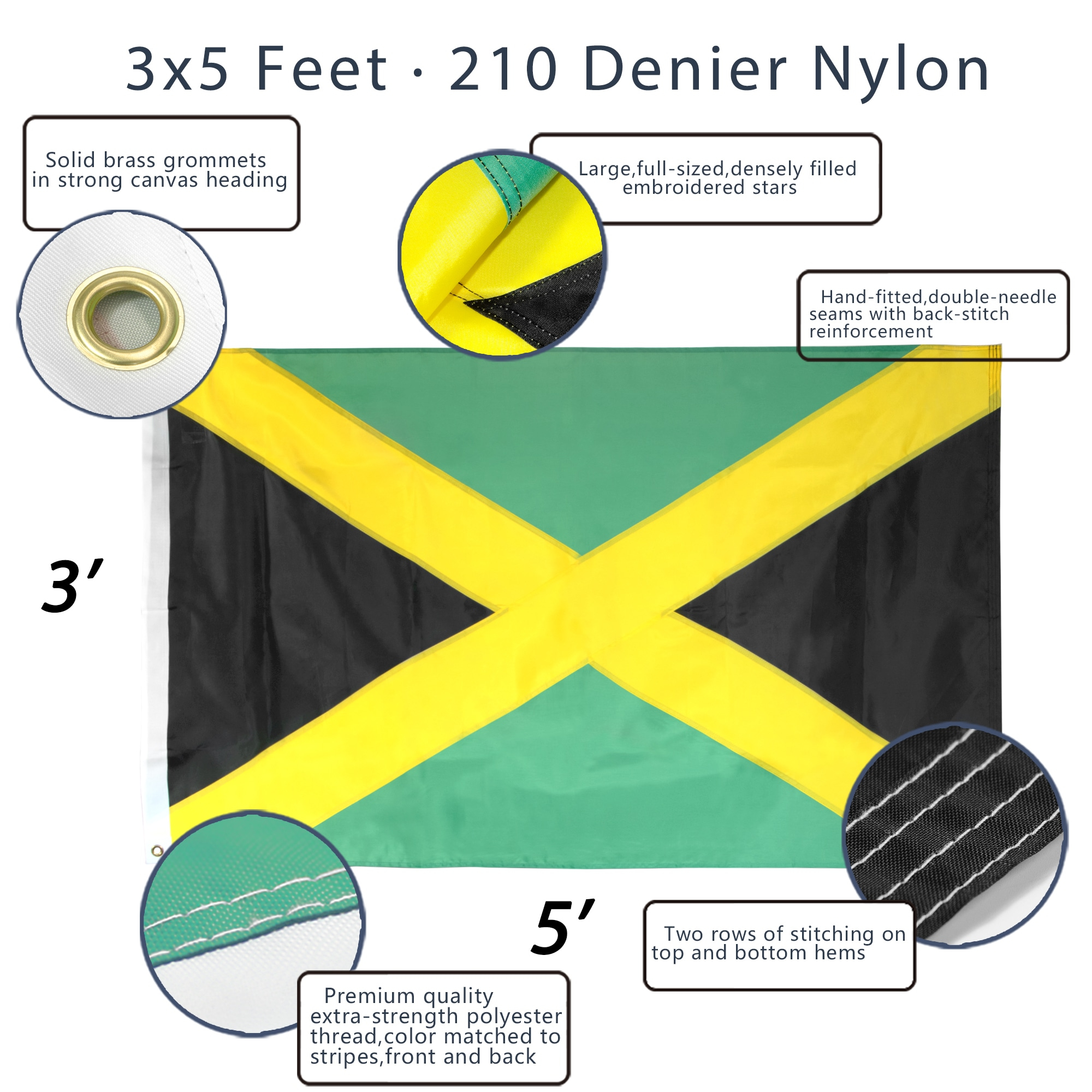 Anley 3x5 Ft Heavy Duty Nylon Jamaica Flag - Embroidered and Sewn Stripes - Jamaican National Banner Flags