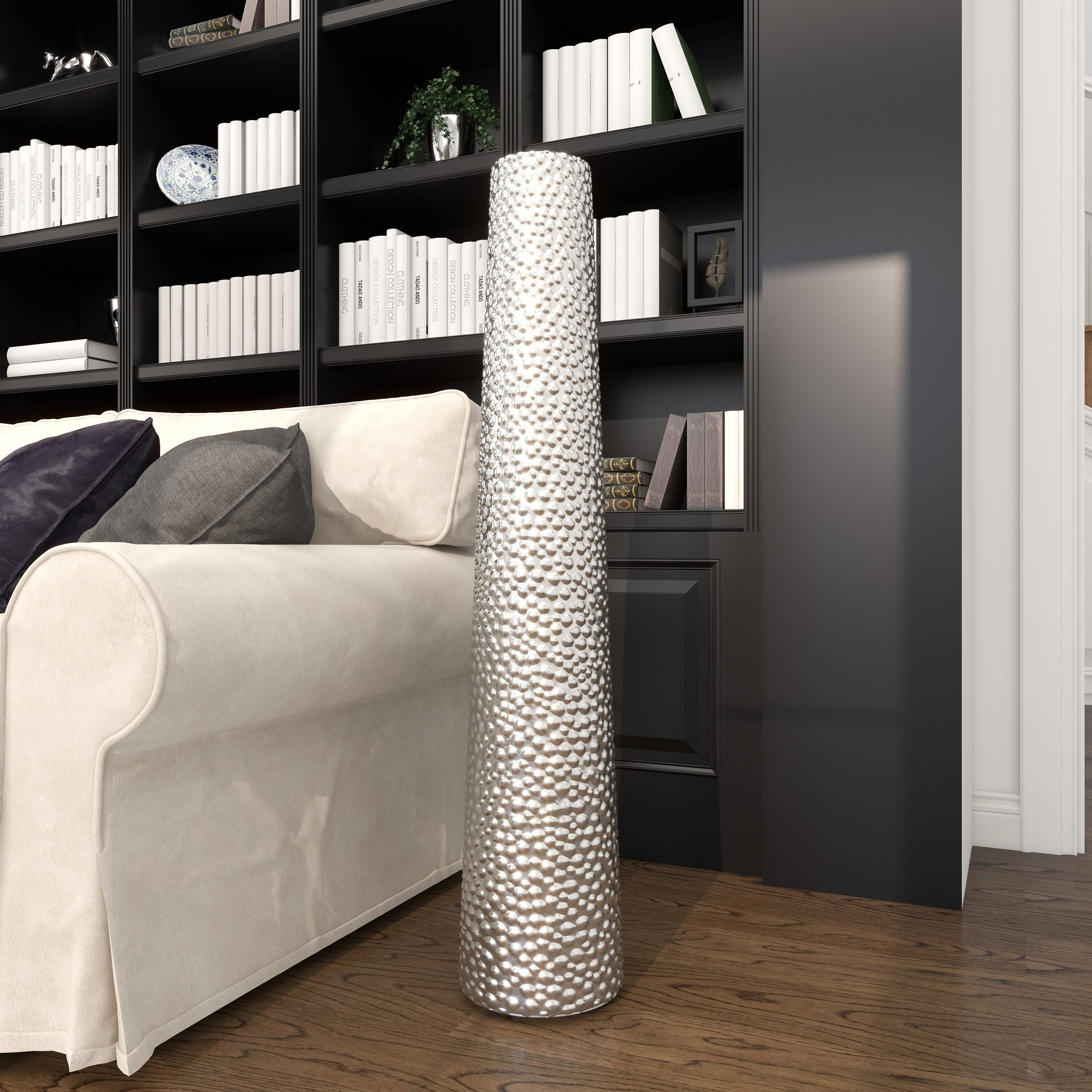 DecMode Glam Silver Round Large and Tall Cylindrical Floor Vase, Ceramic with Beaded Textured Pattern, 8'W x 50'H