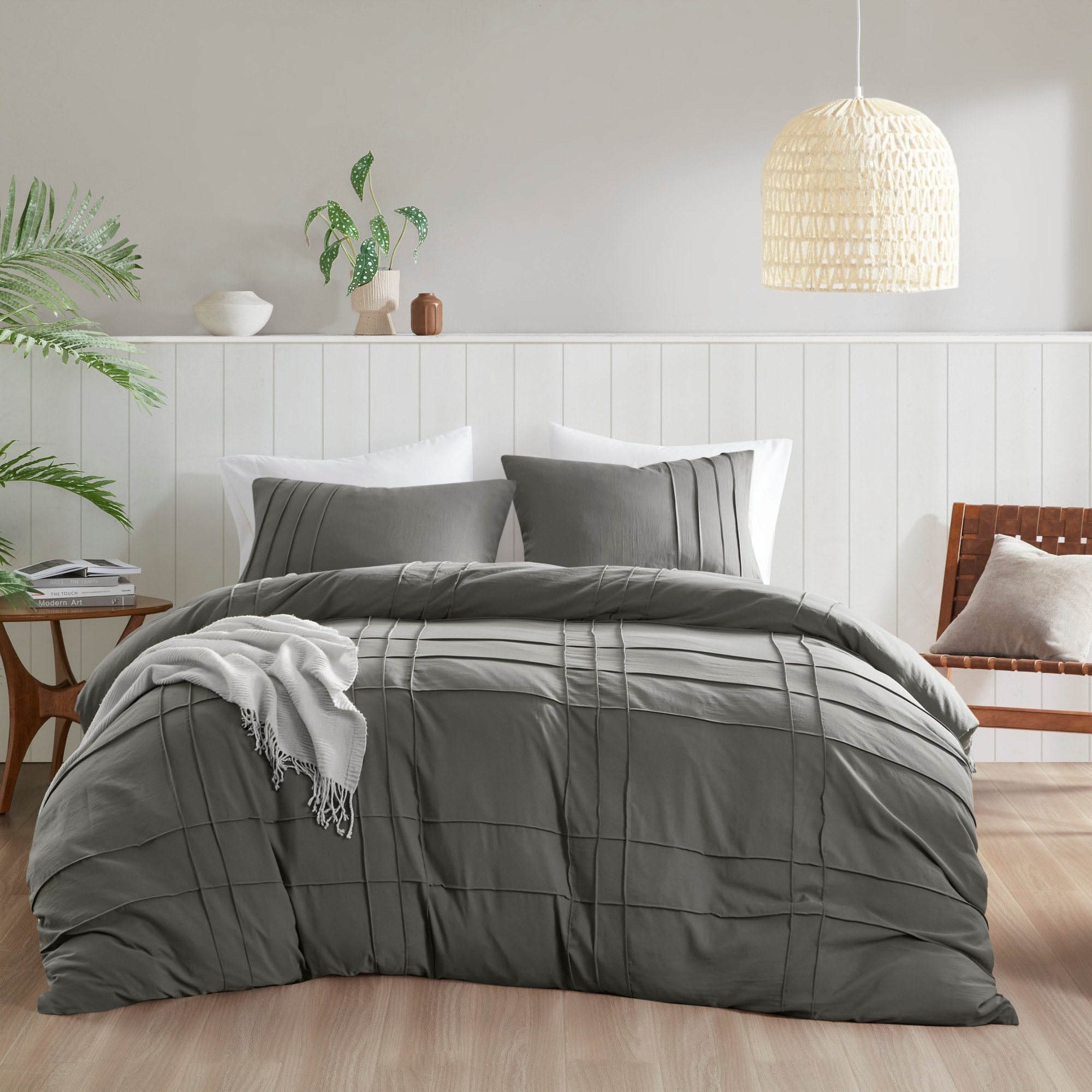 Comfort Spaces Grey King Size Duvet Cover Set - 3 Piece Pintuck Pleated Duvet Cover, All Season Lightweight, Extra Soft Pre-Washed Microfiber King Bedding Cover Shams