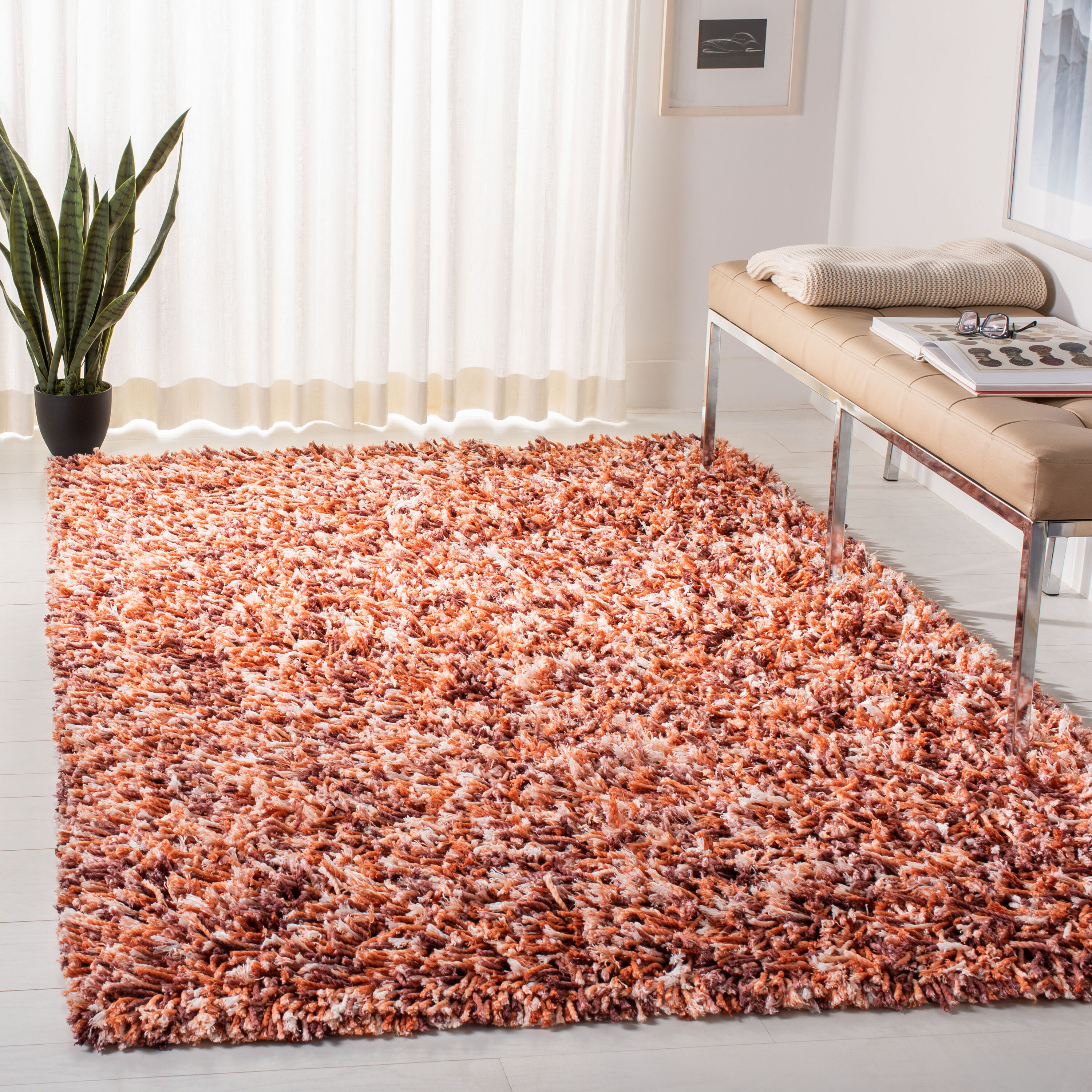 SAFAVIEH Rio Kynaston Solid Polyester Shag Area Rug, Rust/Ivory, 6' x 9'