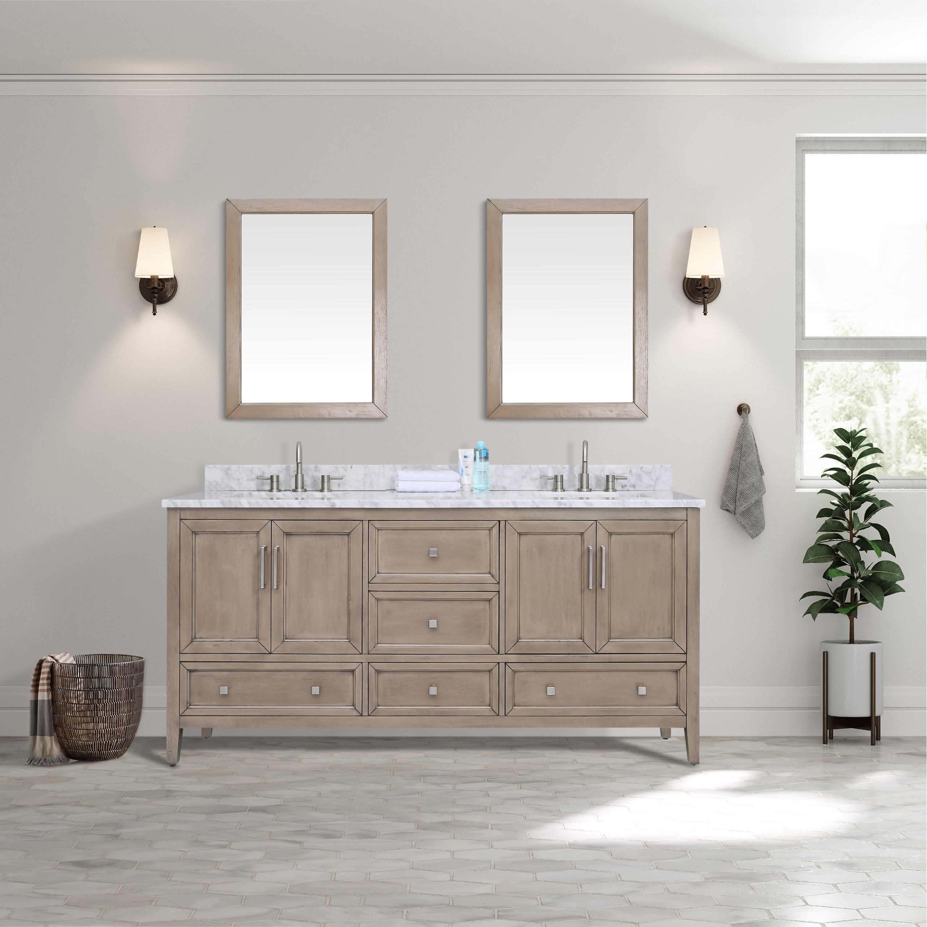 Gray Oak Double Vanity with Carrara White Marble Top