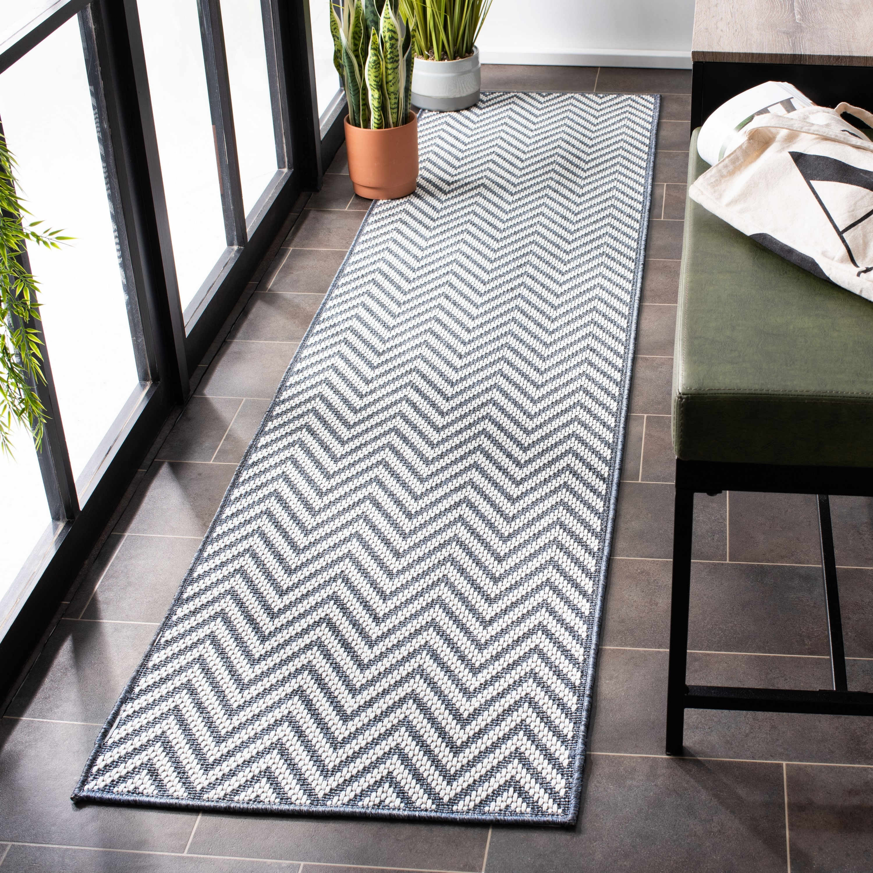 SAFAVIEH Bermuda Amina Geometric Chevron Indoor/Outdoor Runner Rug Light Blue/Cream, 2' x 8'