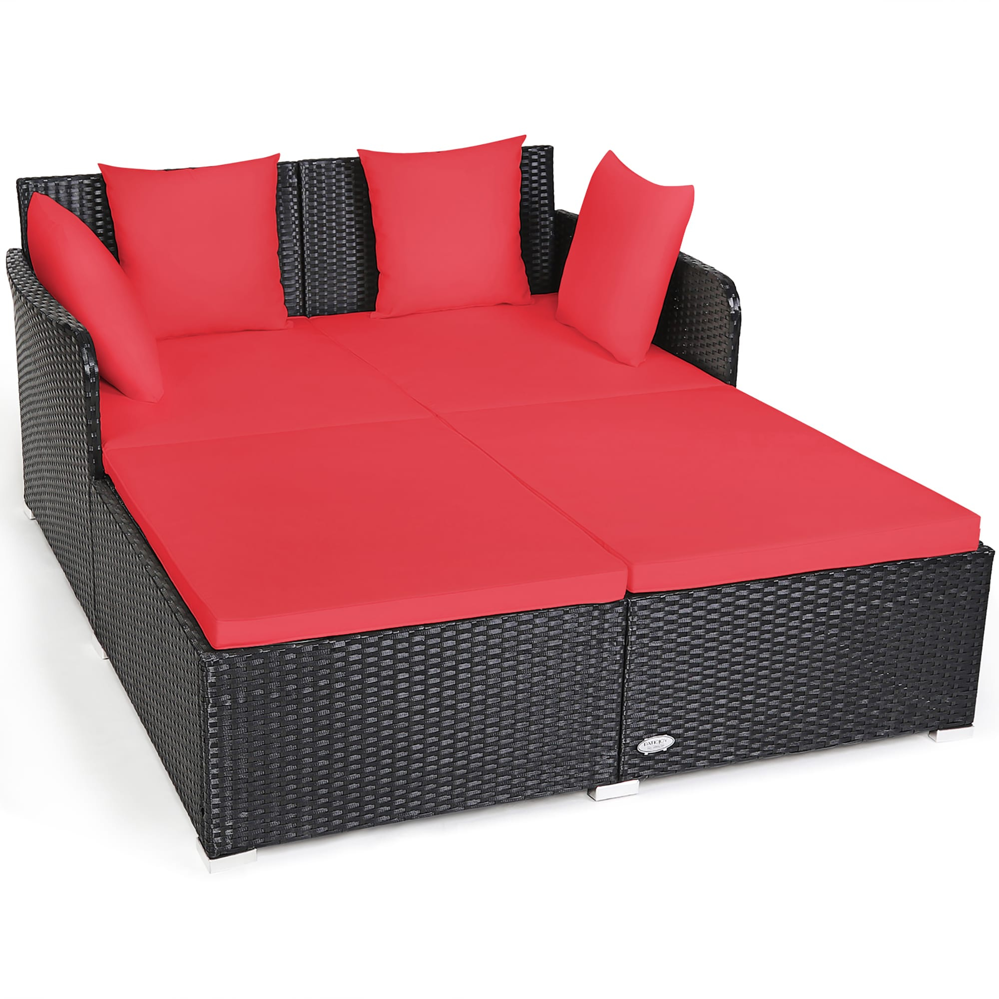 Costway Outdoor Patio Rattan Daybed Thick Pillows Cushioned Sofa Furniture Red