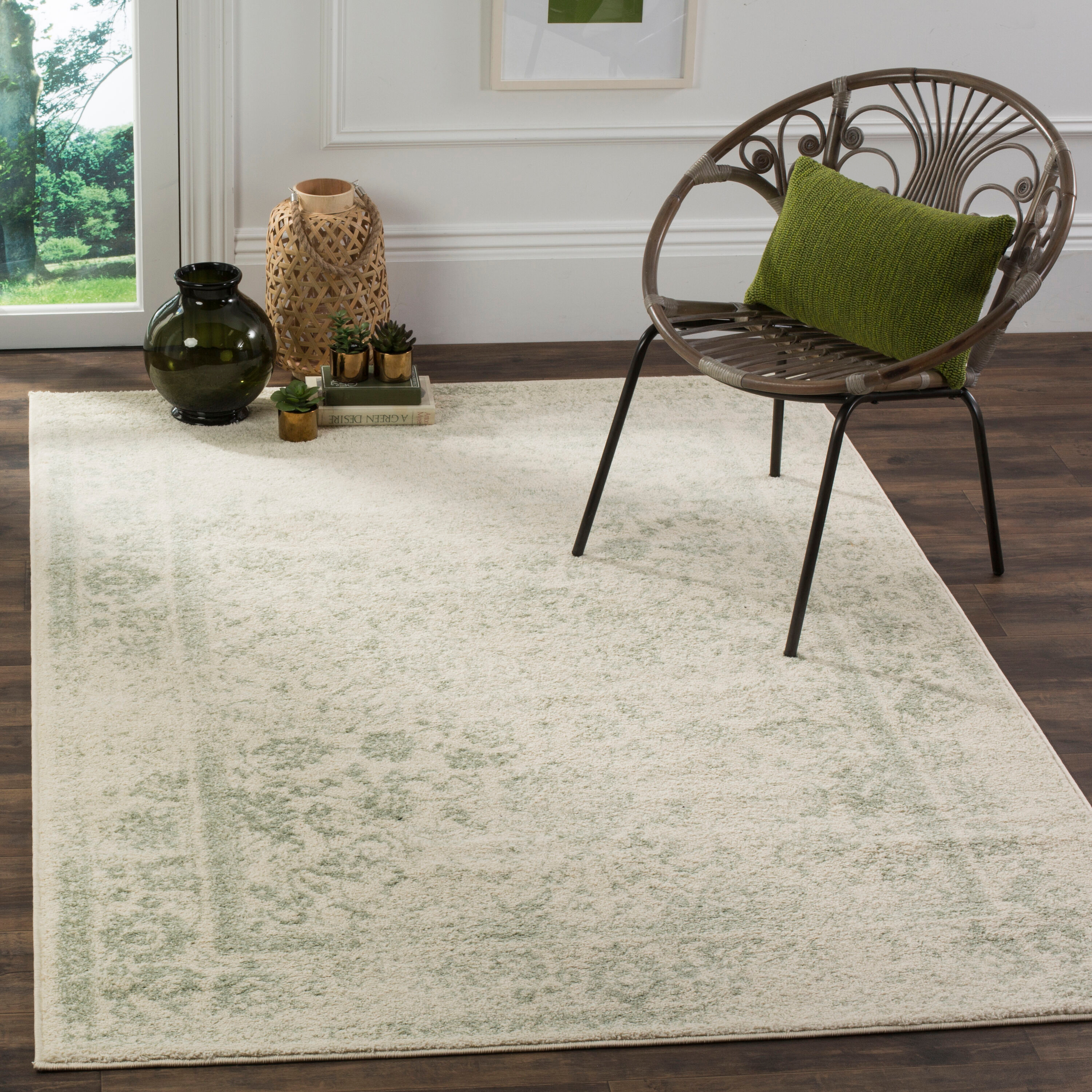 SAFAVIEH Adirondack Wyatt Traditional Distressed Area Rug, Ivory/Sage, 8' x 8' Square
