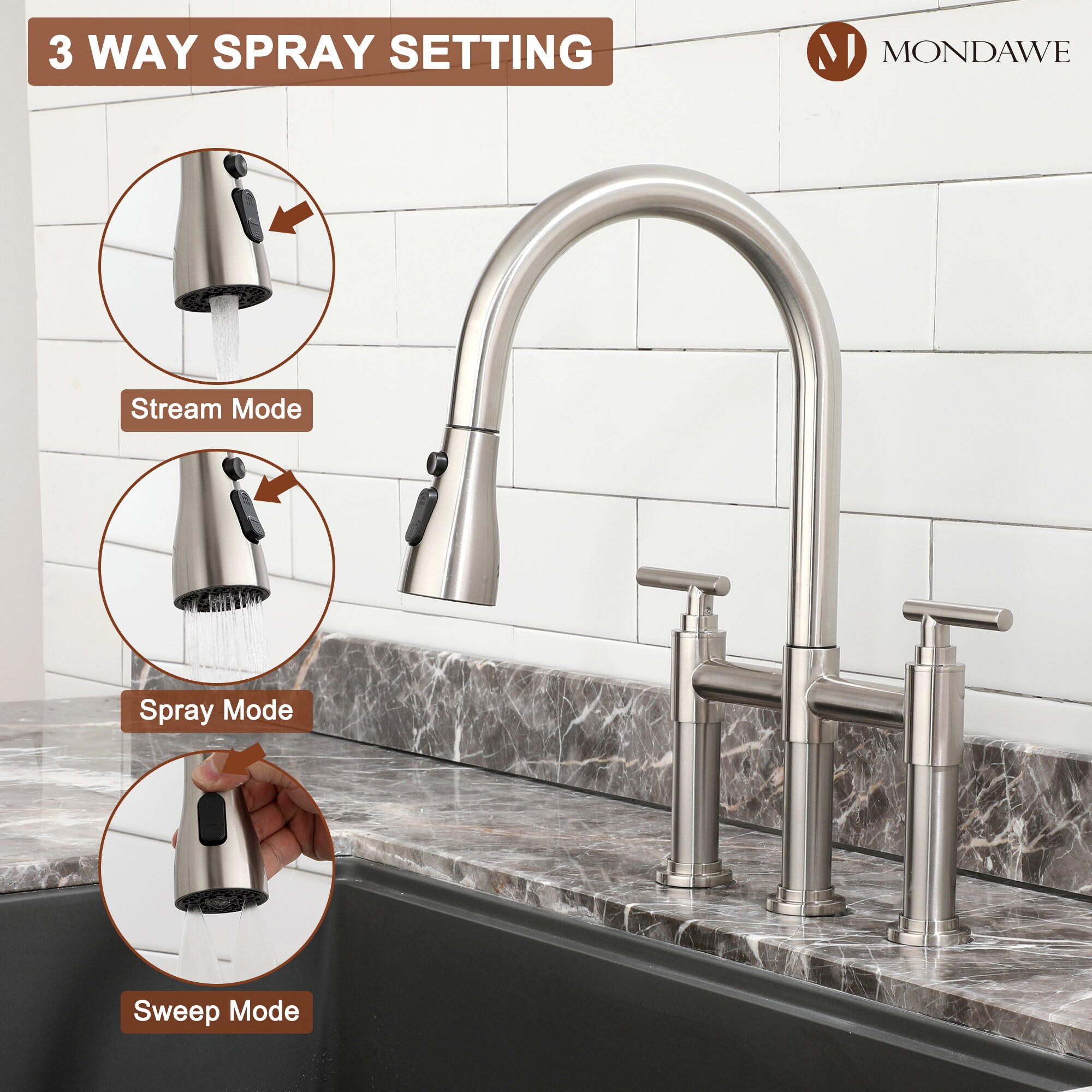 Brushed Nickel Double Handle Bridge Kitchen Faucet with Pull-Out Spray