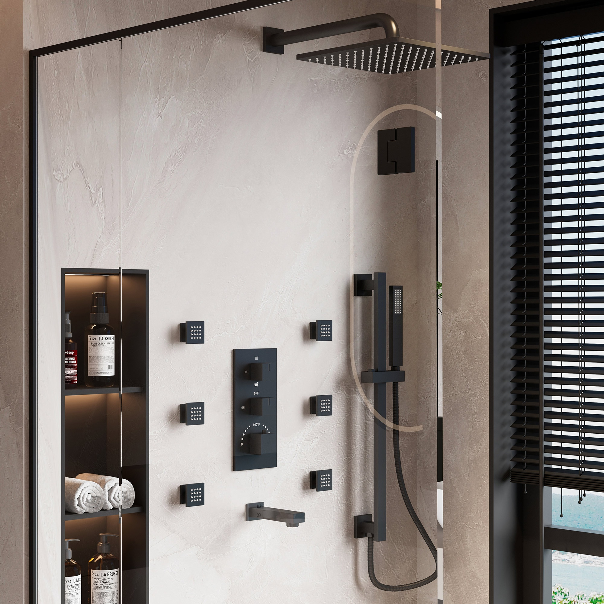 Matte Black Stainless Steel Wall Mounted Shower System with Body Jets