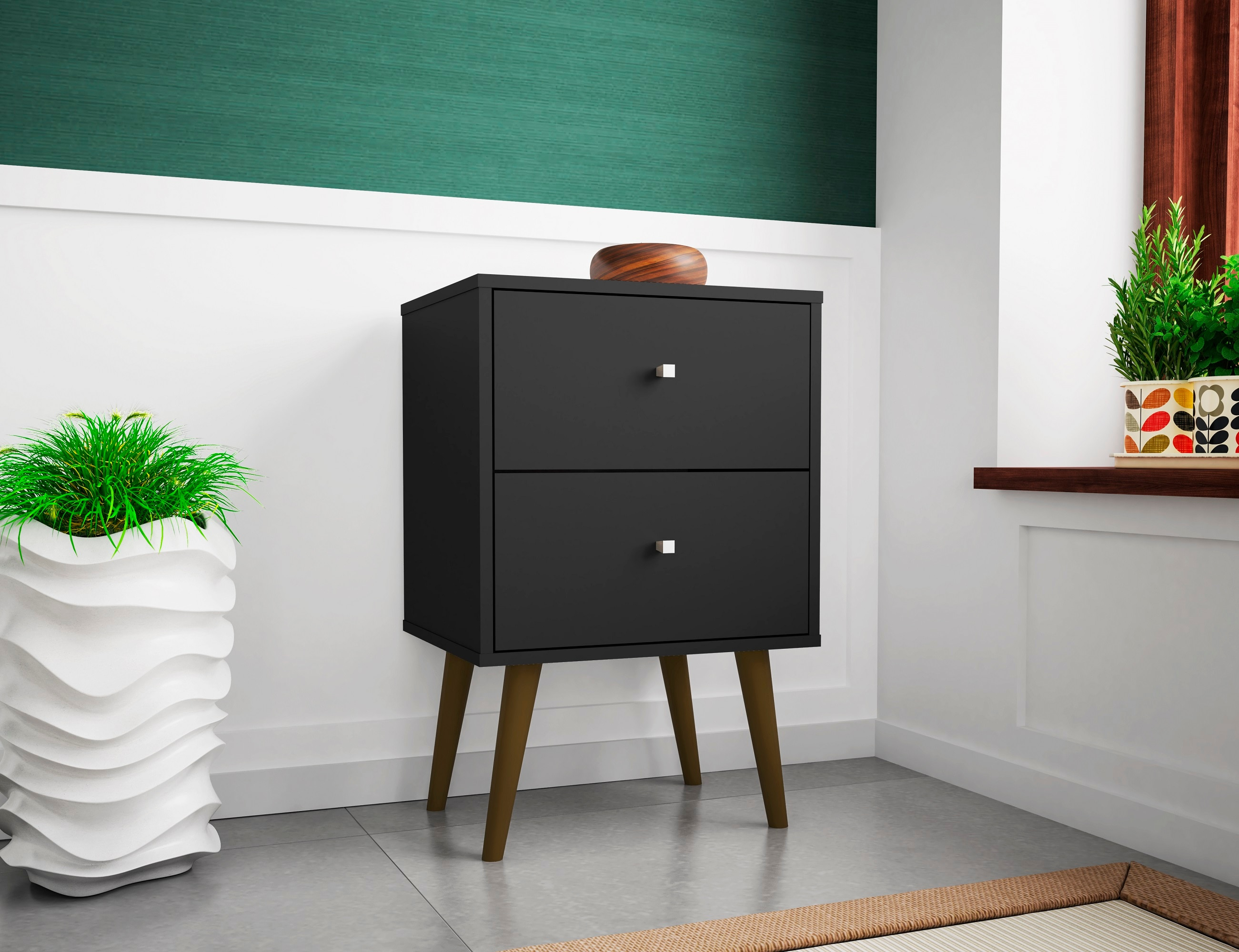 Liberty Mid-Century Modern Nightstand 2.0 with 2 Full Extension Drawers with Solid Wood Legs