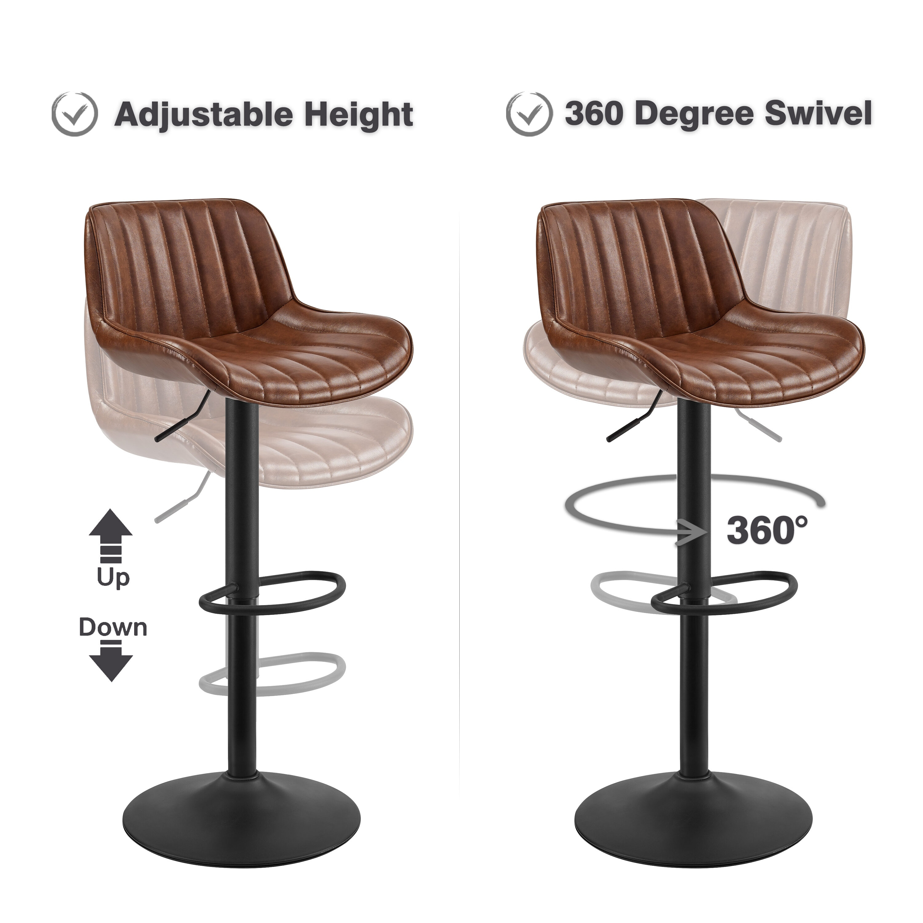 Art Leon Rustic Bar Stools Set of 2, Faux Leather with Backrest Chrome Legs, Upholstered Swivel Kitchen Stools, Cognac