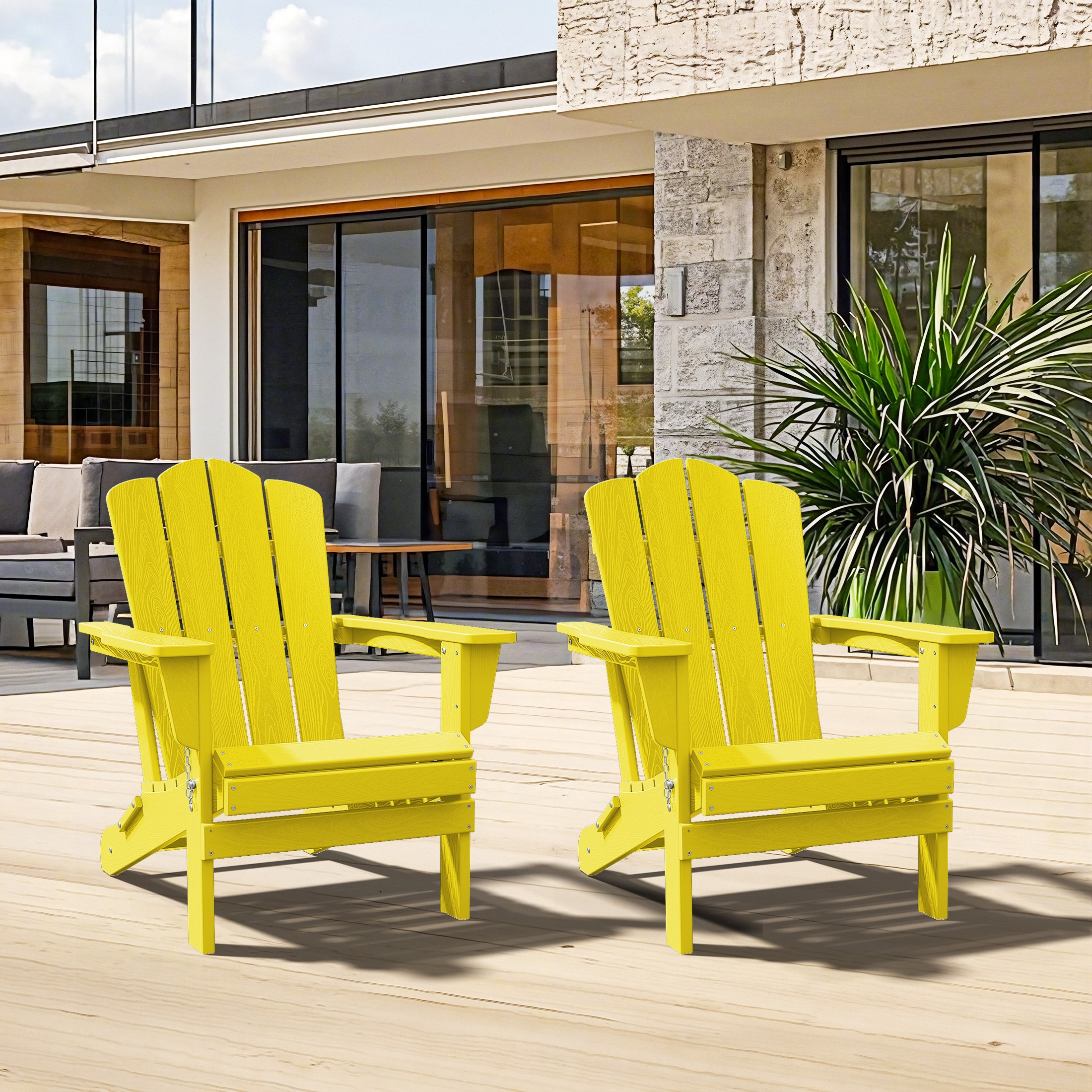 KINGYES Folding Adirondack Chair Set of 2, HDPE All-Weather Folding Adirondack Chair, Yellow