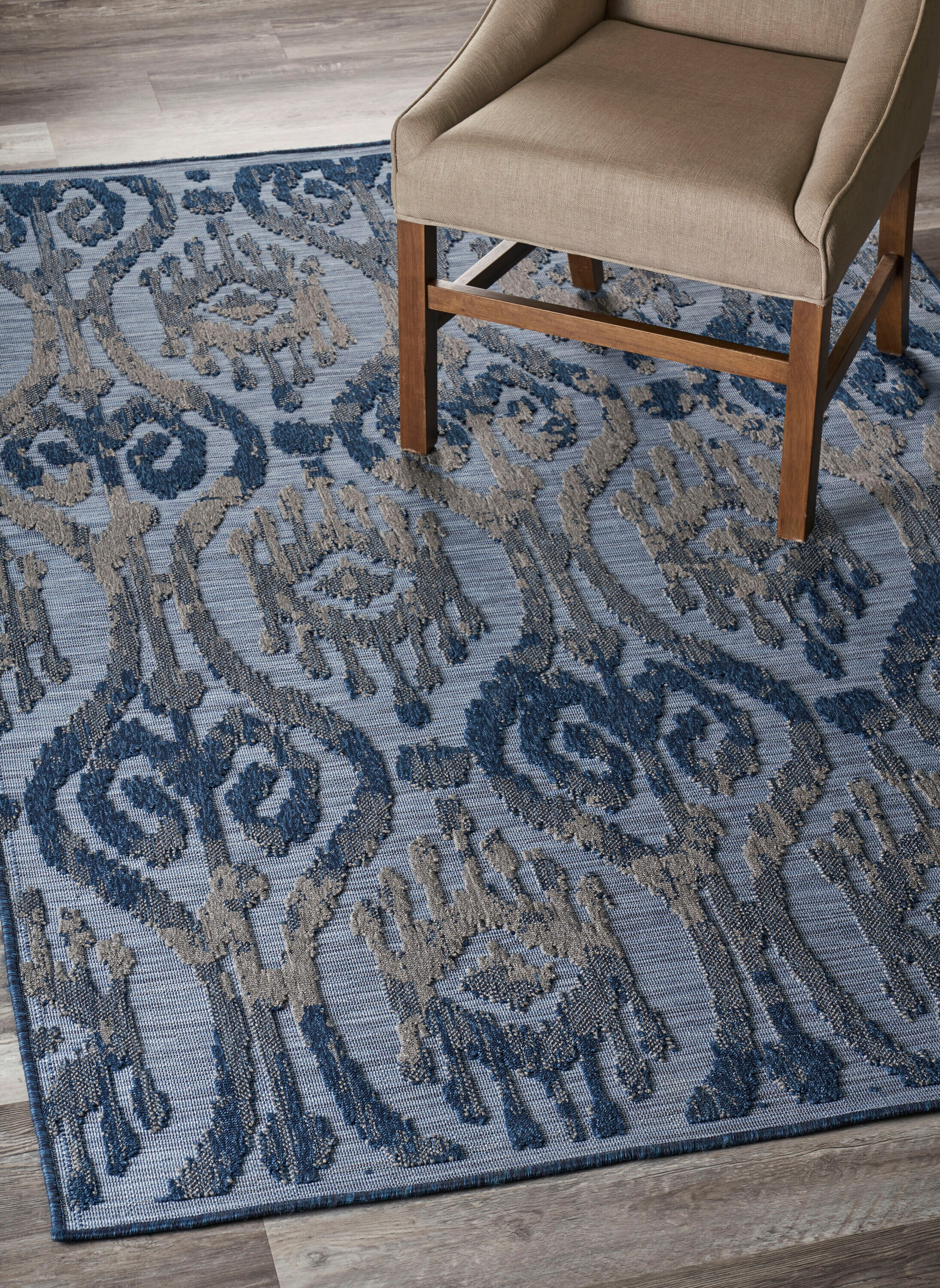 LR Home Reese 5' x 7', Blue/Gray Ikat Fade, Stain, and Moisture Resistant Indoor/Outdoor Area Rug