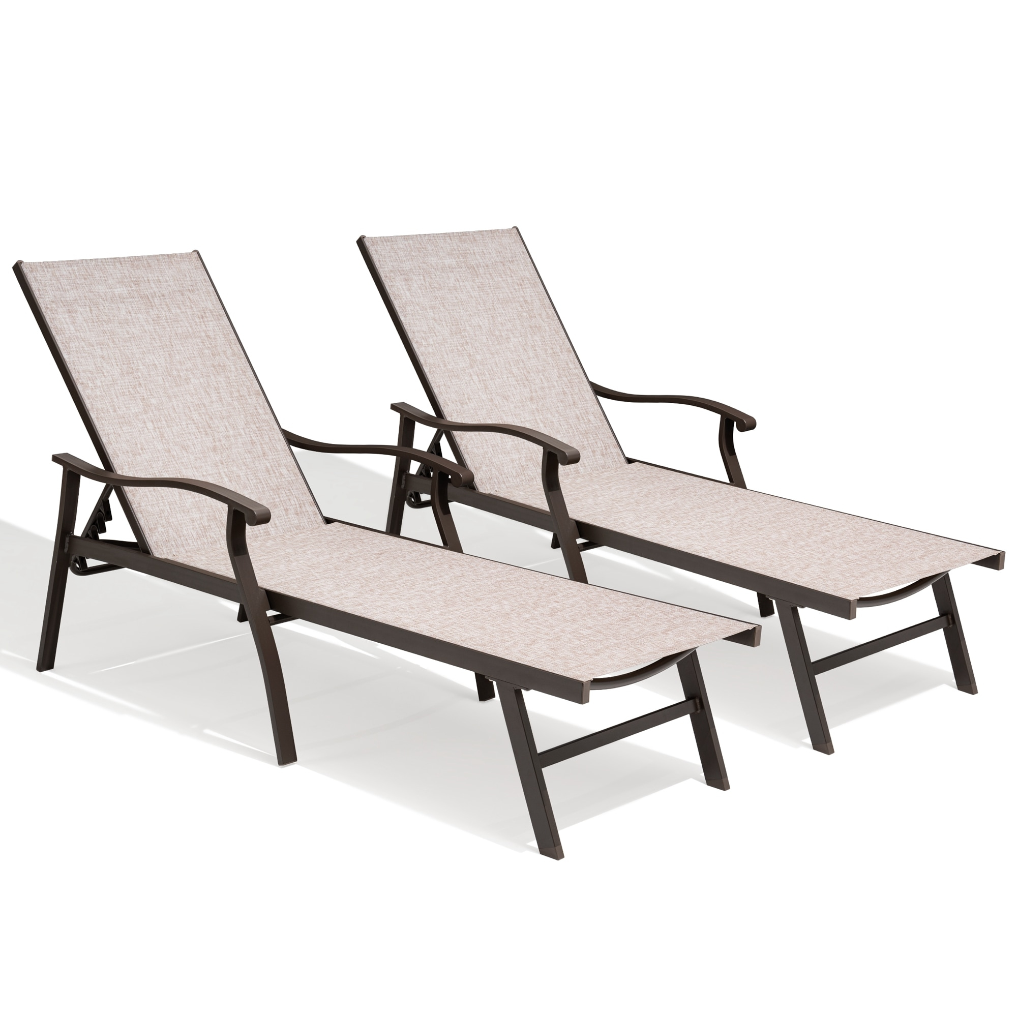 Beige Aluminum Outdoor Chaise Lounge with Armrests, Set of 2