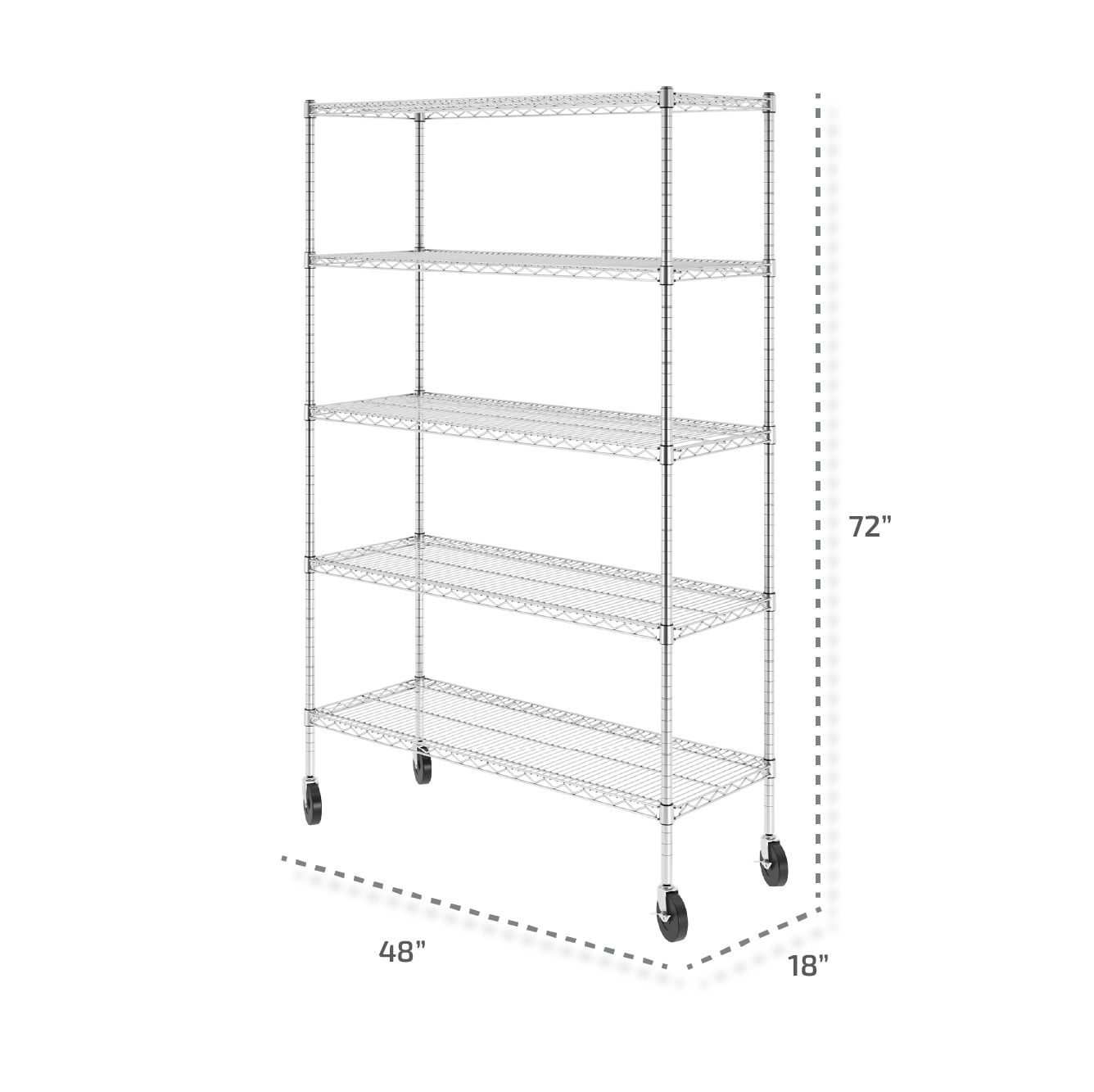SafeRacks NSF Certified 5-Tier Steel Wire Shelving with Adjustable Shelves and Wheels - 2500 lb Capacity - 48" x 18" x 72"