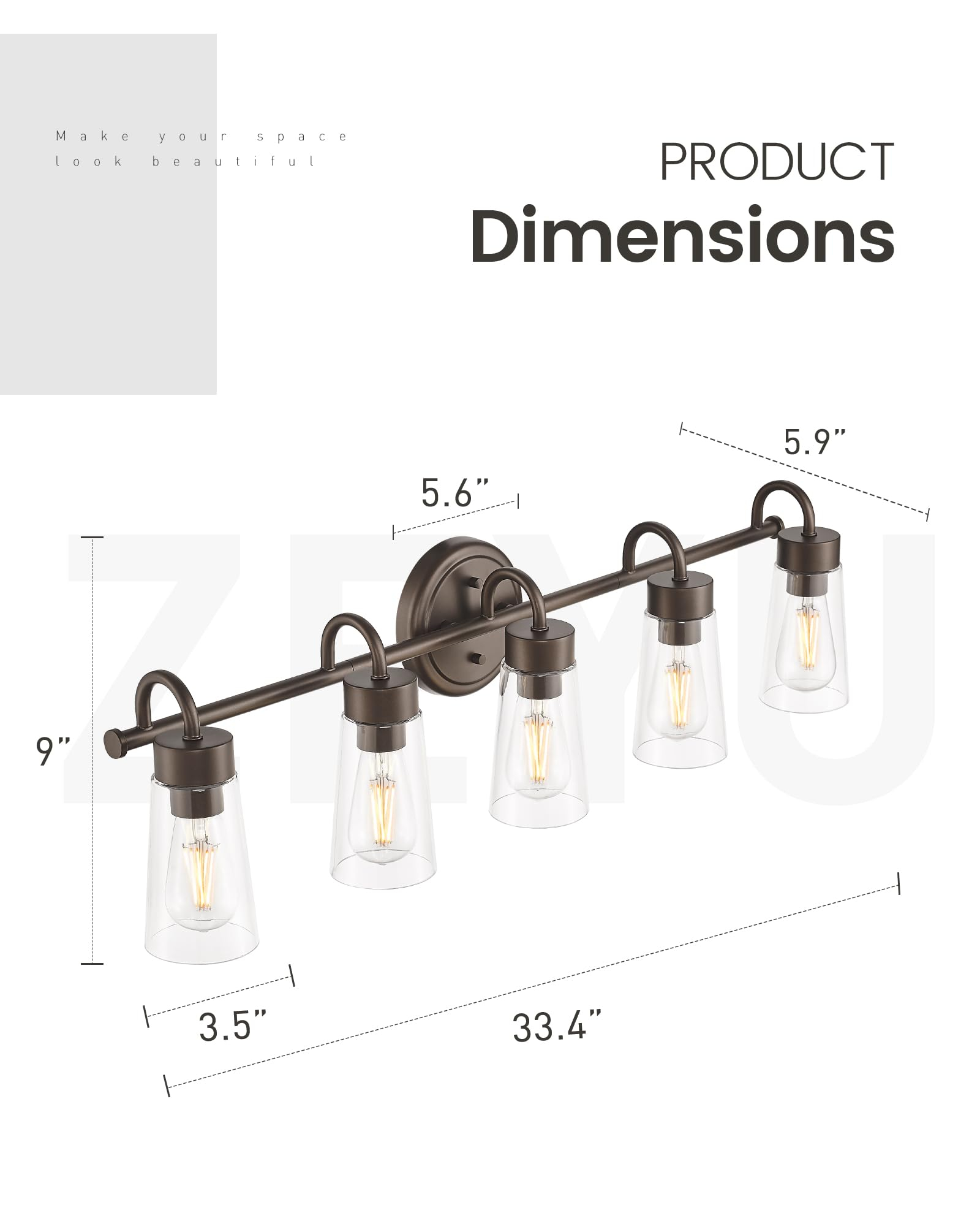 zeyu 33" 5-Light Bathroom Vanity Light, Farmhouse Bathroom Lighting Fixture, Oil Rubbed Bronze Finish with Clear Glass, ZTH108B-5W ORB