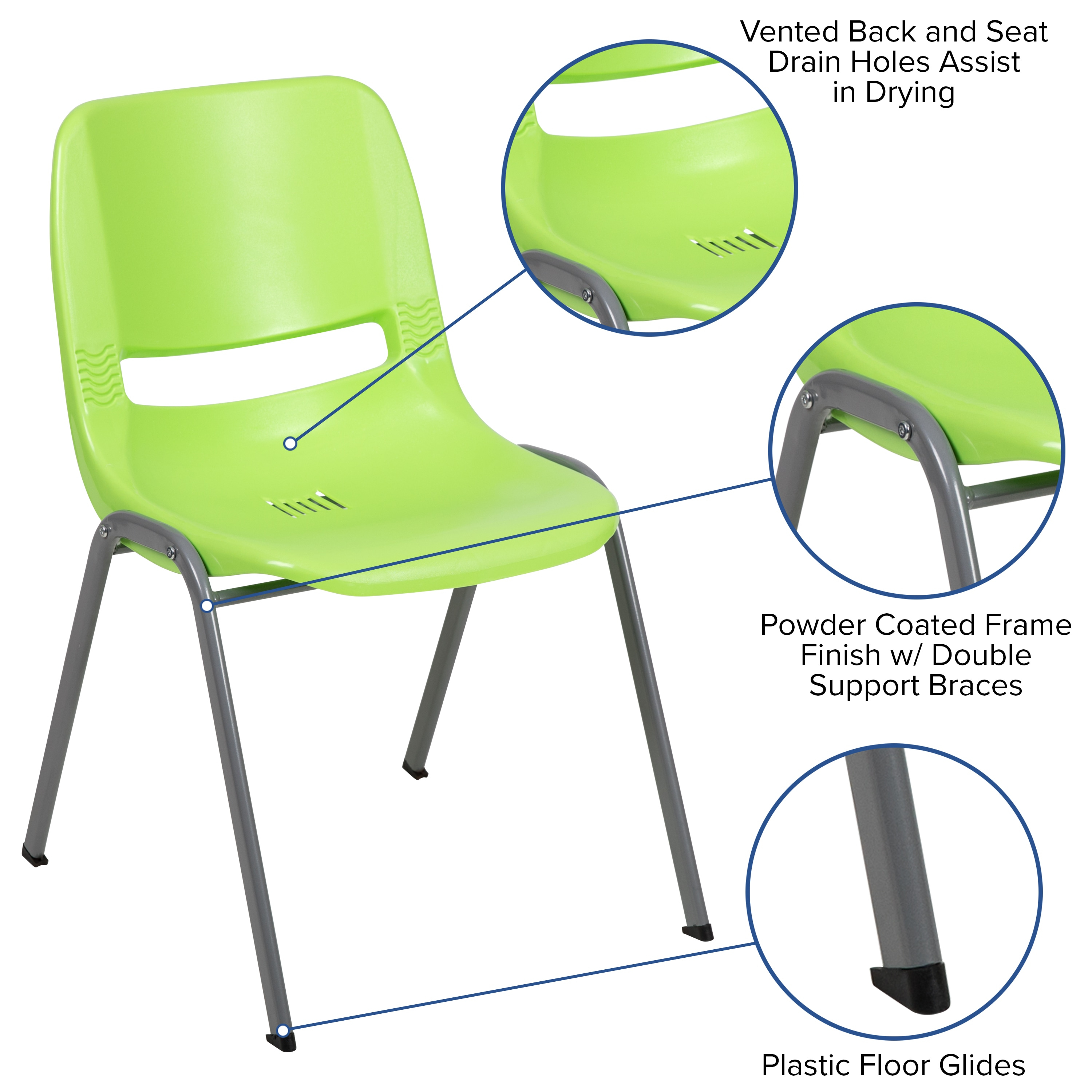 Flash Furniture HERCULES Series 5 Pack 880 lb. Capacity Green Ergonomic Shell Stack Chair with Gray Frame