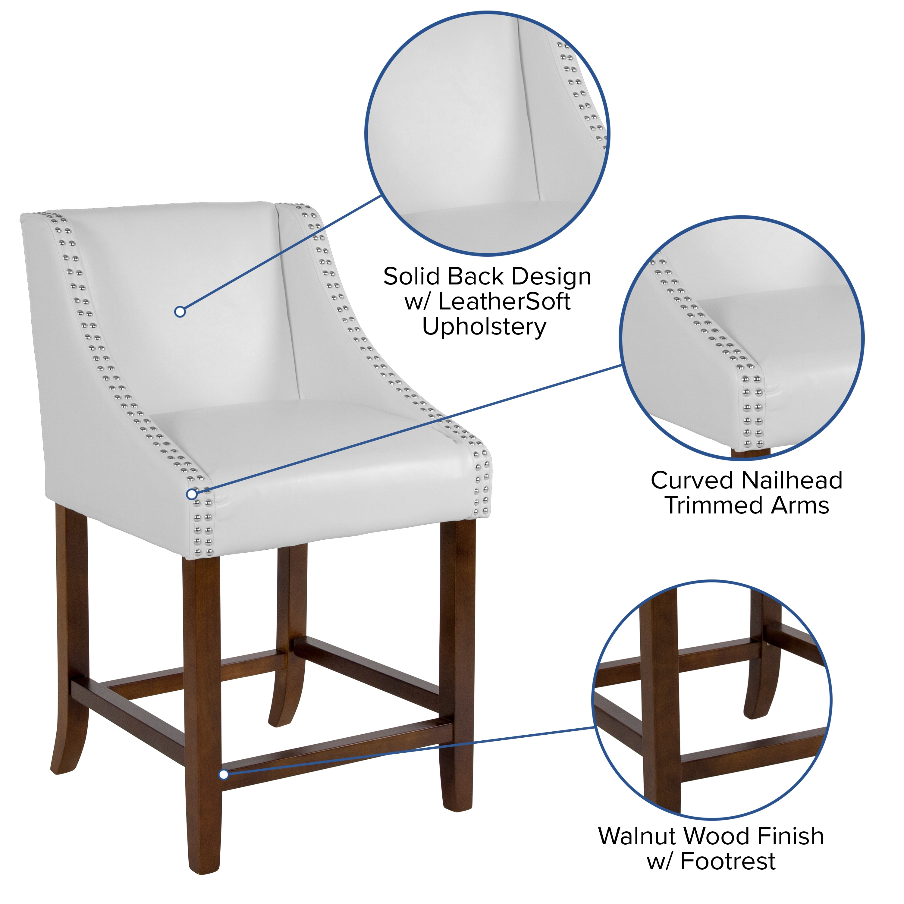 Flash Furniture Carmel Series 24" High Transitional Walnut Counter Height Stool with Nail Trim in White LeatherSoft