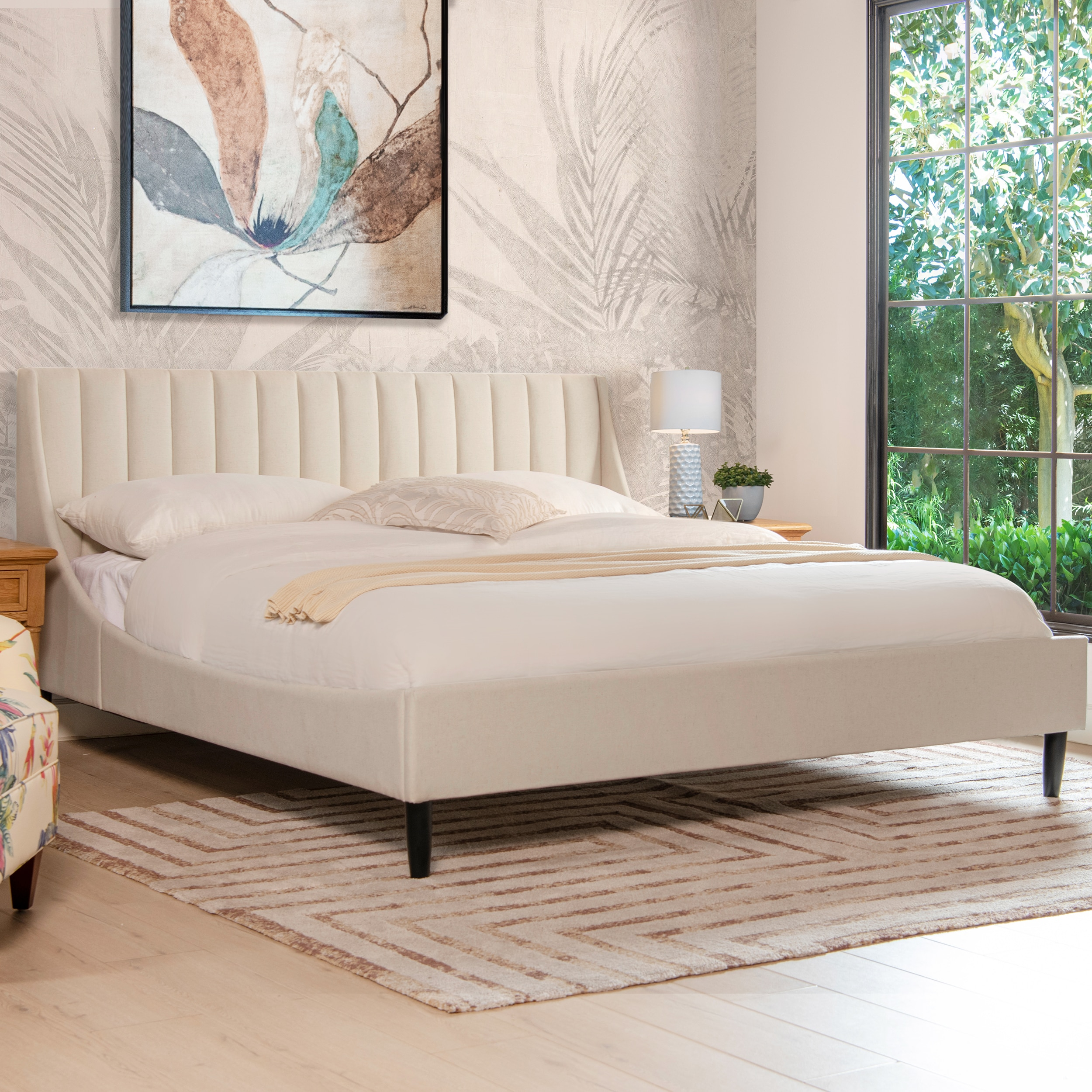 Aspen Vertical Tufted Headboard Platform Bed Set King Light Beige Linen
