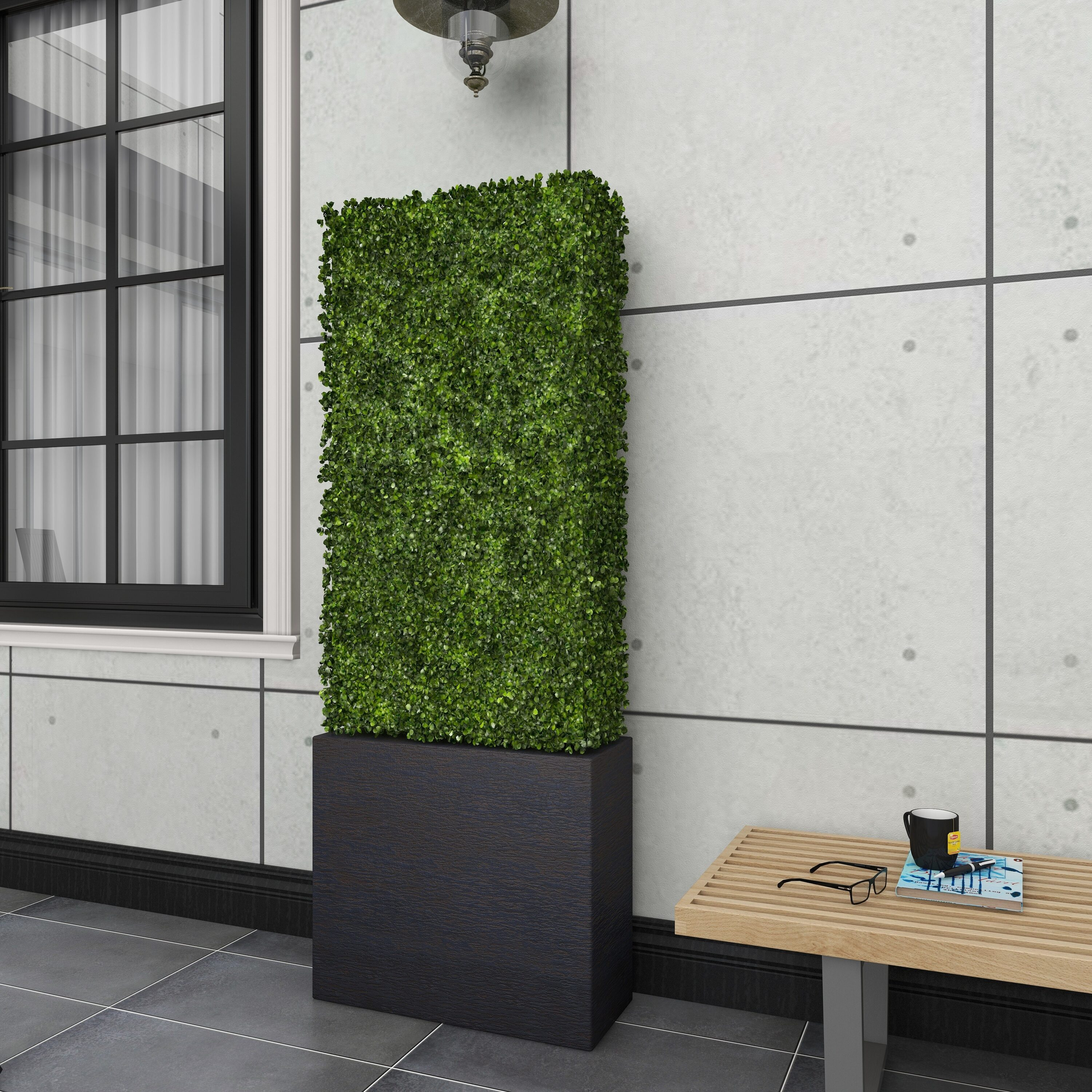 DecMode Green Plastic Contemporary Artificial Boxwood Hedge Topiary with Black Planter Box 22" x 9" x 59"