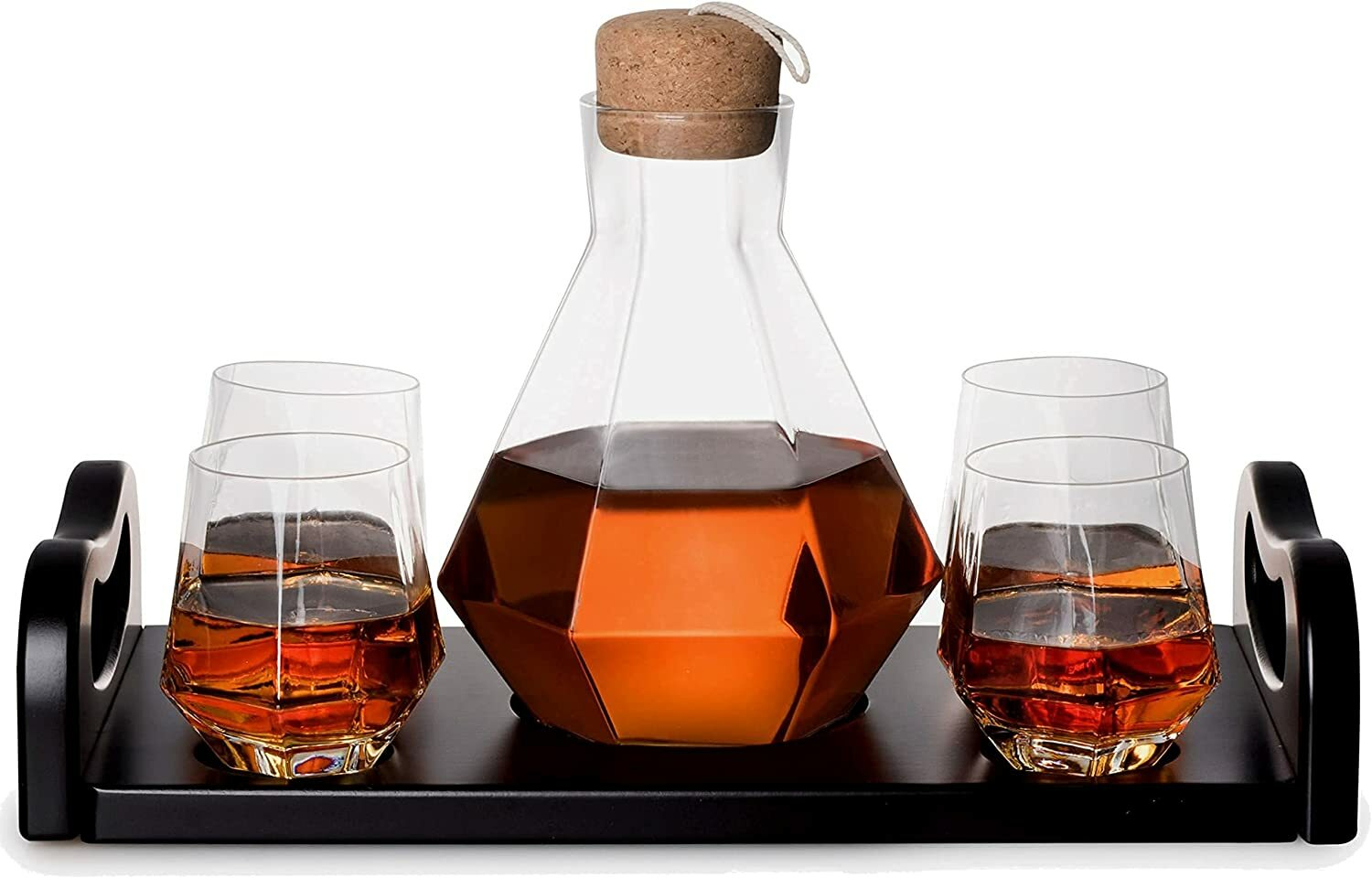 J&V TEXTILES 6-Piece Italian Crafted Glass Decanter & Whisky Glasses Set, Elegant Whiskey Decanter with Ornate Stopper Wooden Base and 4 Exquisite Cocktail Glasses