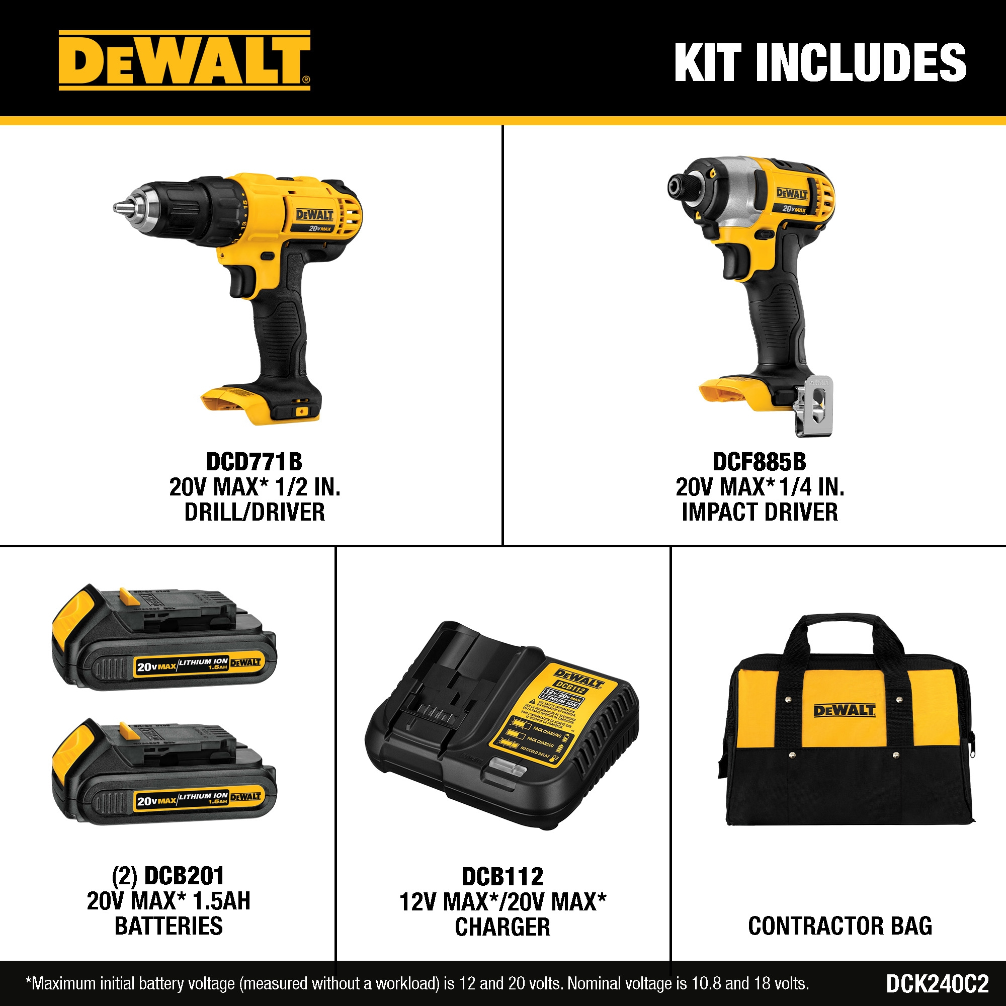 DEWALT 20V MAX Cordless Drill/Impact 2 Tool Combo Kit with (2) 20V 1.3Ah Batteries, Charger, and Bag DCK240C2