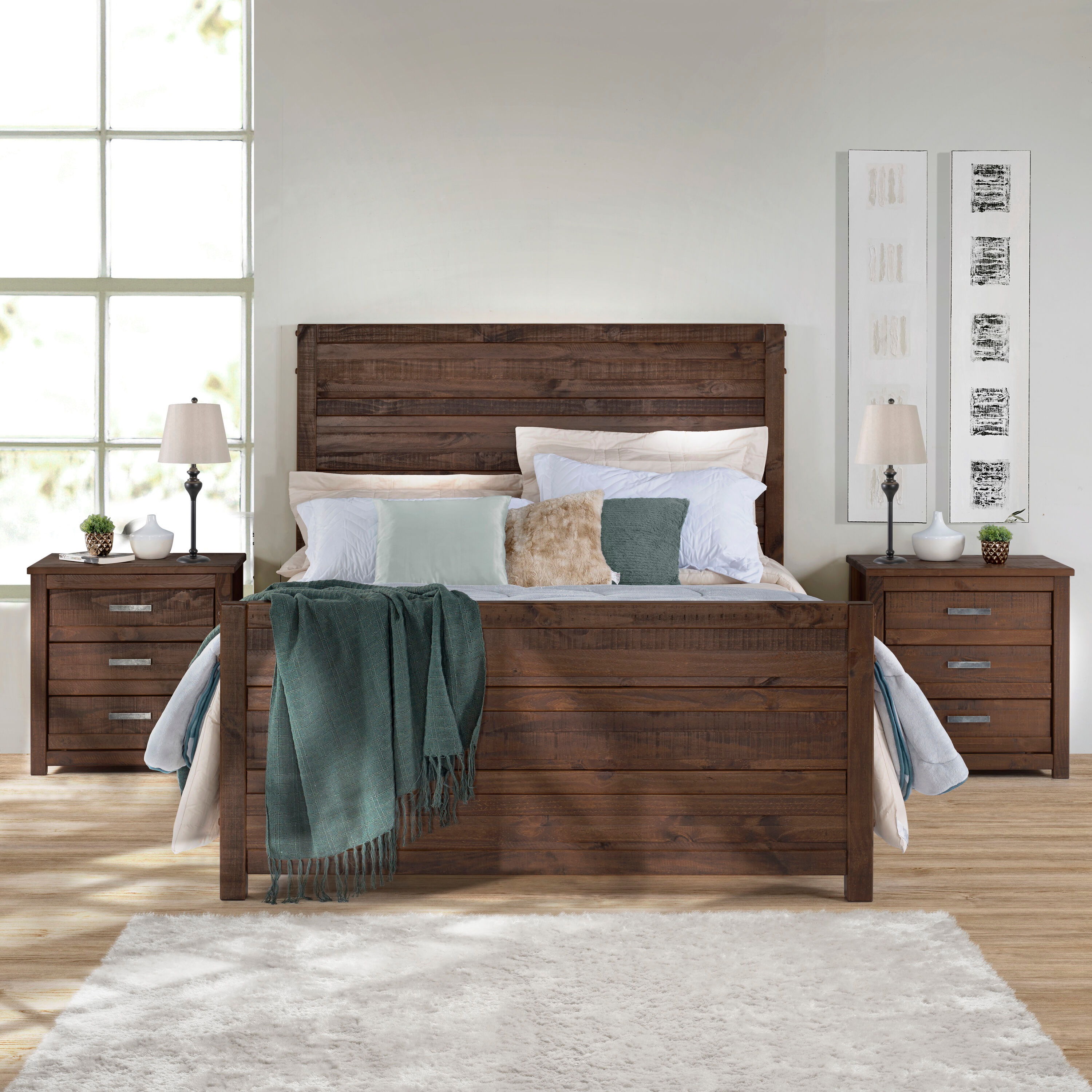 Camaflexi Carmel Solid Wood Platform Bed Frame with Headboard, King, Antique Walnut