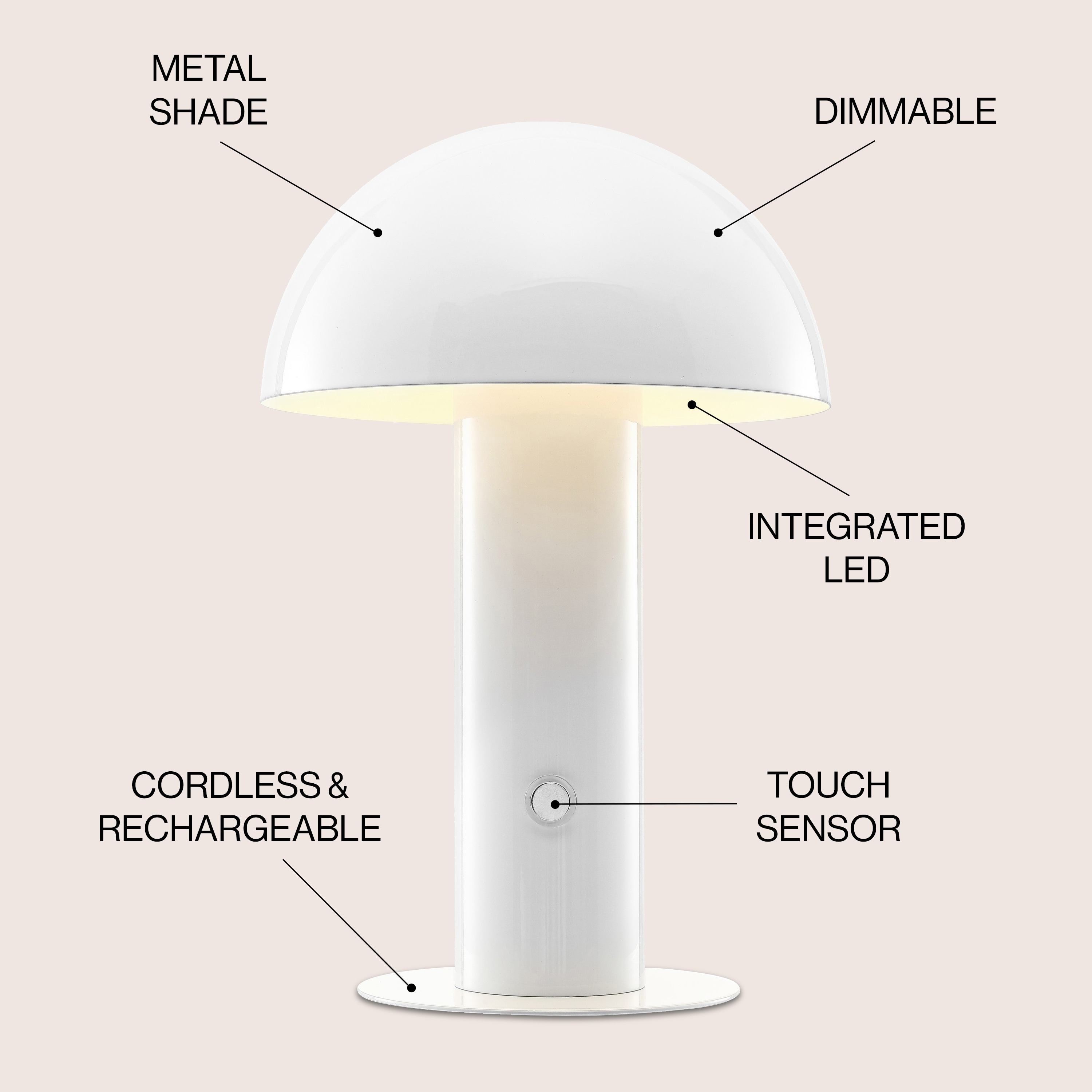JONATHAN Y JYL7115B Boletus 10.75" Lámpara de Mesa de Setas LED Portátil Contemporánea Recargable/sin Cable Integrada de Hierro, Moderna, Costera para Sala de Estar, Comedor, Dormitorio, Blanco