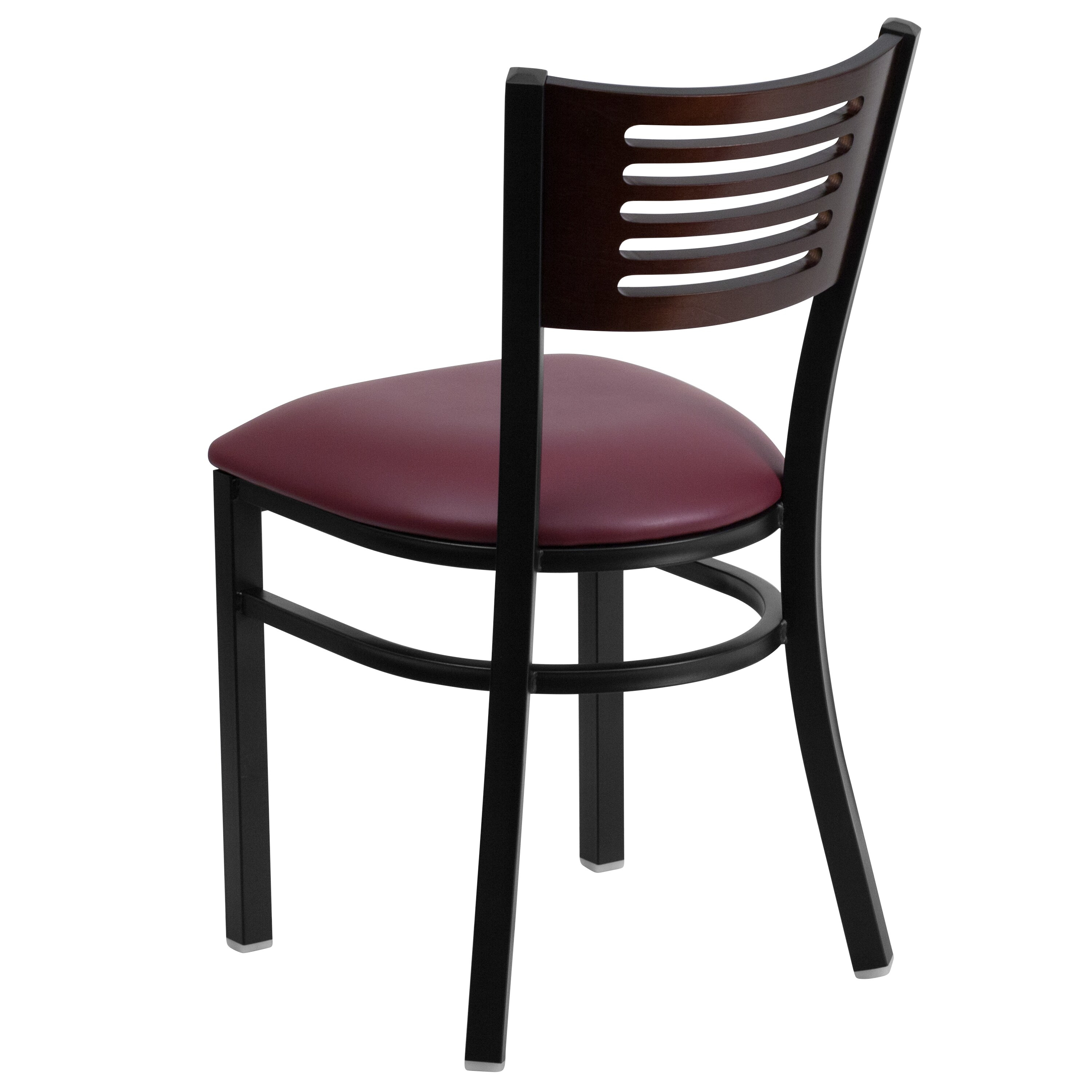 Walnut Wood Back Burgundy Vinyl Seat Black Metal Frame Side Chair