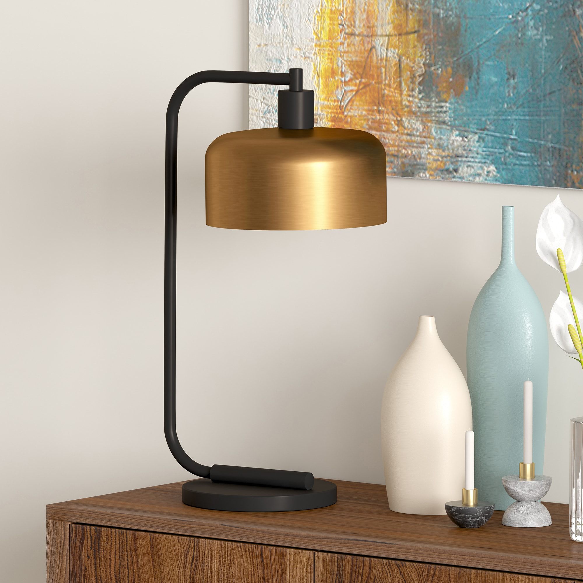 Evelyn&Zoe Mid-Century Modern Metal Table Lamp with Brass Shade