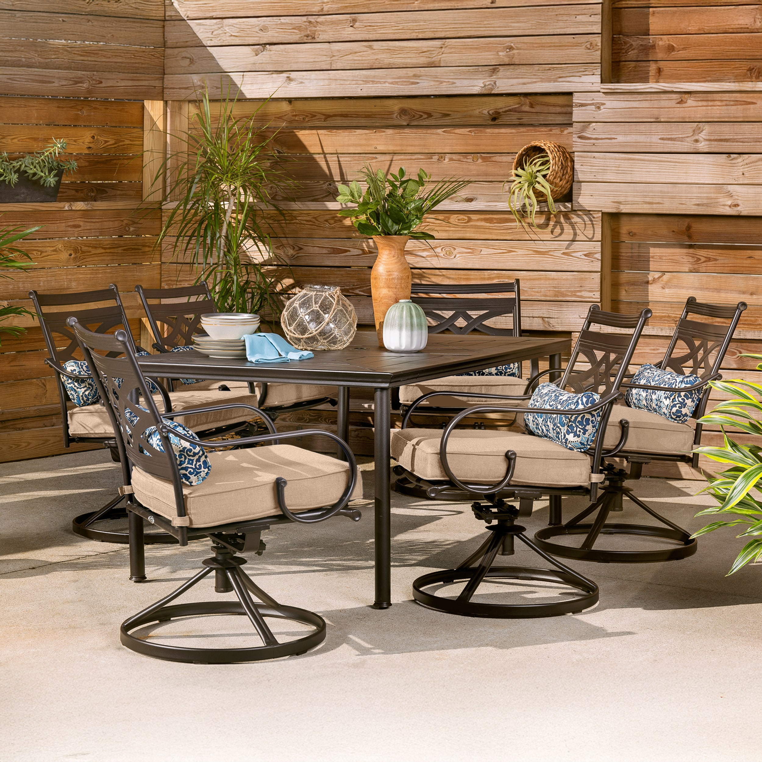 Hanover Montclair 7-Piece Steel Dining Set with 6 Swivel Rockers and Dining Table, Seats 6