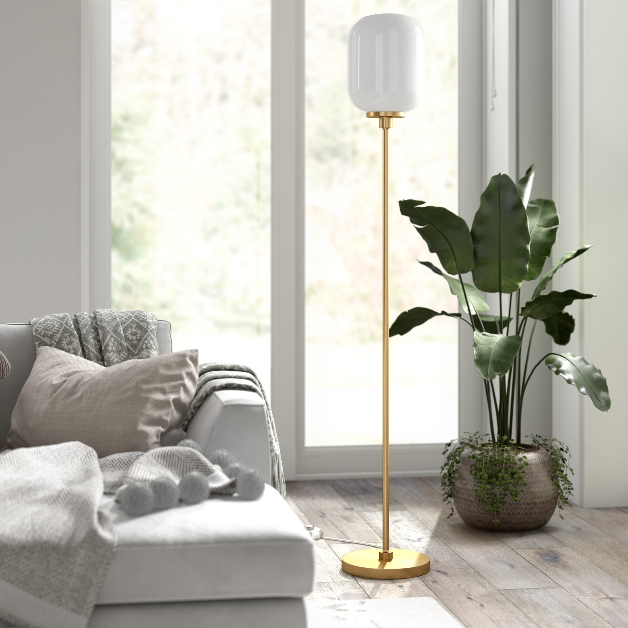 Evelyn&Zoe Agnolo 69" Tall Floor Lamp with Glass Shade, Brass/White Milk