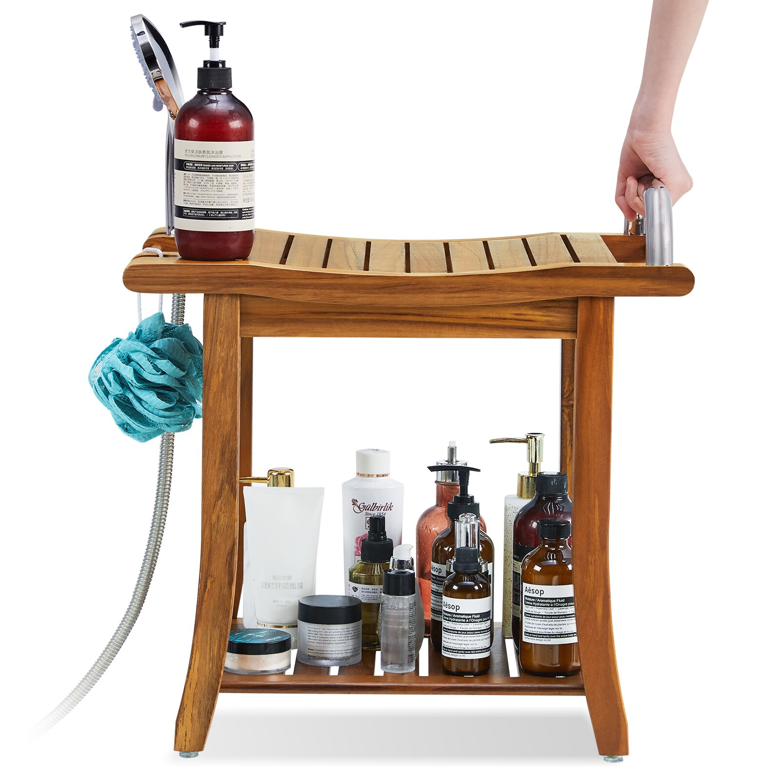 Utopia Alley 20'' Teak Shower Bench with Handle, Large Teak Shower Stool for Bathroom, Waterproof Bathroom Bench - Teak Shower Stool