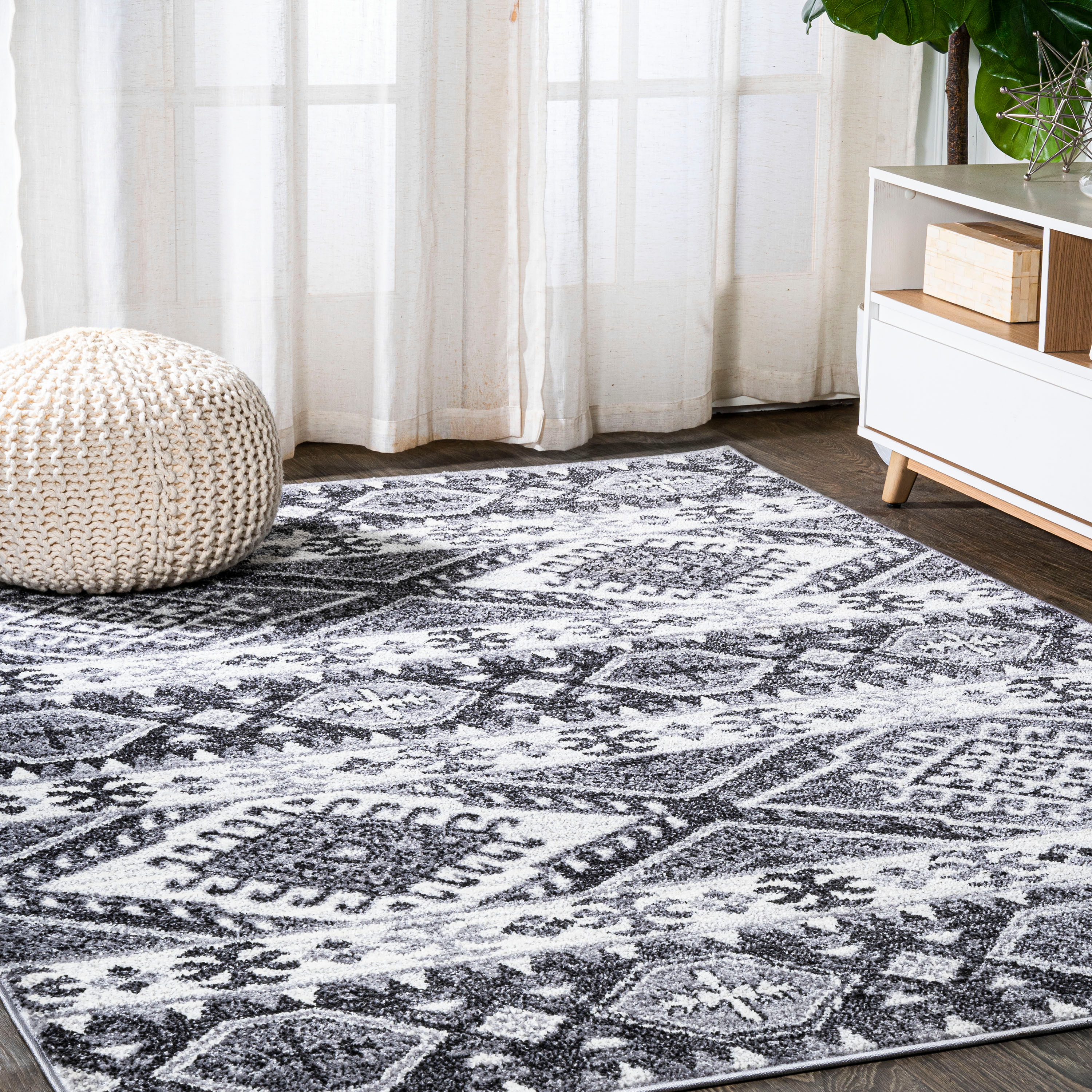 JONATHAN Y MOH500A-5 Sura Modern Kilim Geometric Gray/Anthracite 5 ft. x 8 ft. Area Rug, Bohemian Vintage, Pet Friendly, Stain Resistant, Easy to Clean, for Living Room; Kitchen, Bedroom