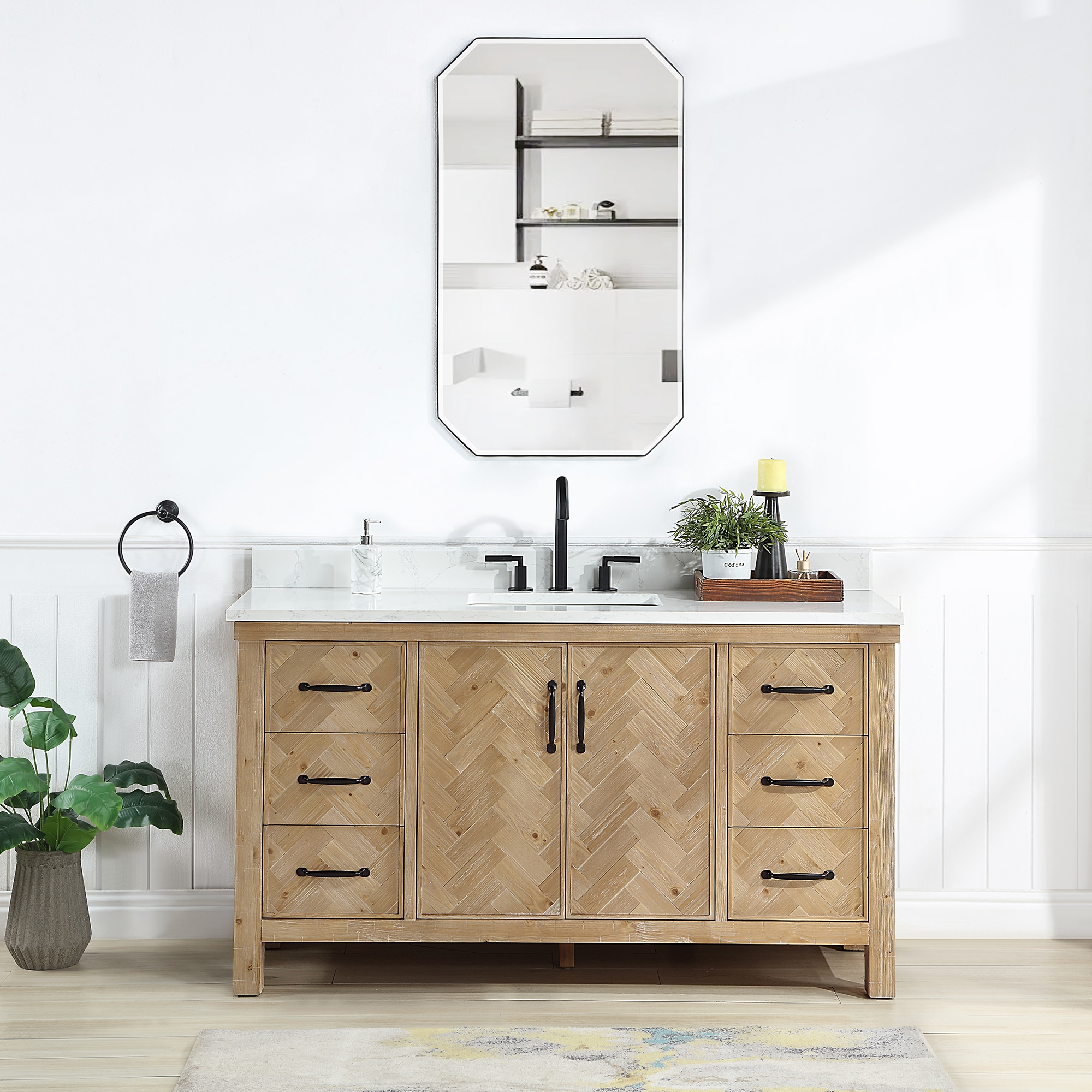 Javier 60" Bath Vanity in Spruce Antique Brown with White Grain Composite Stone