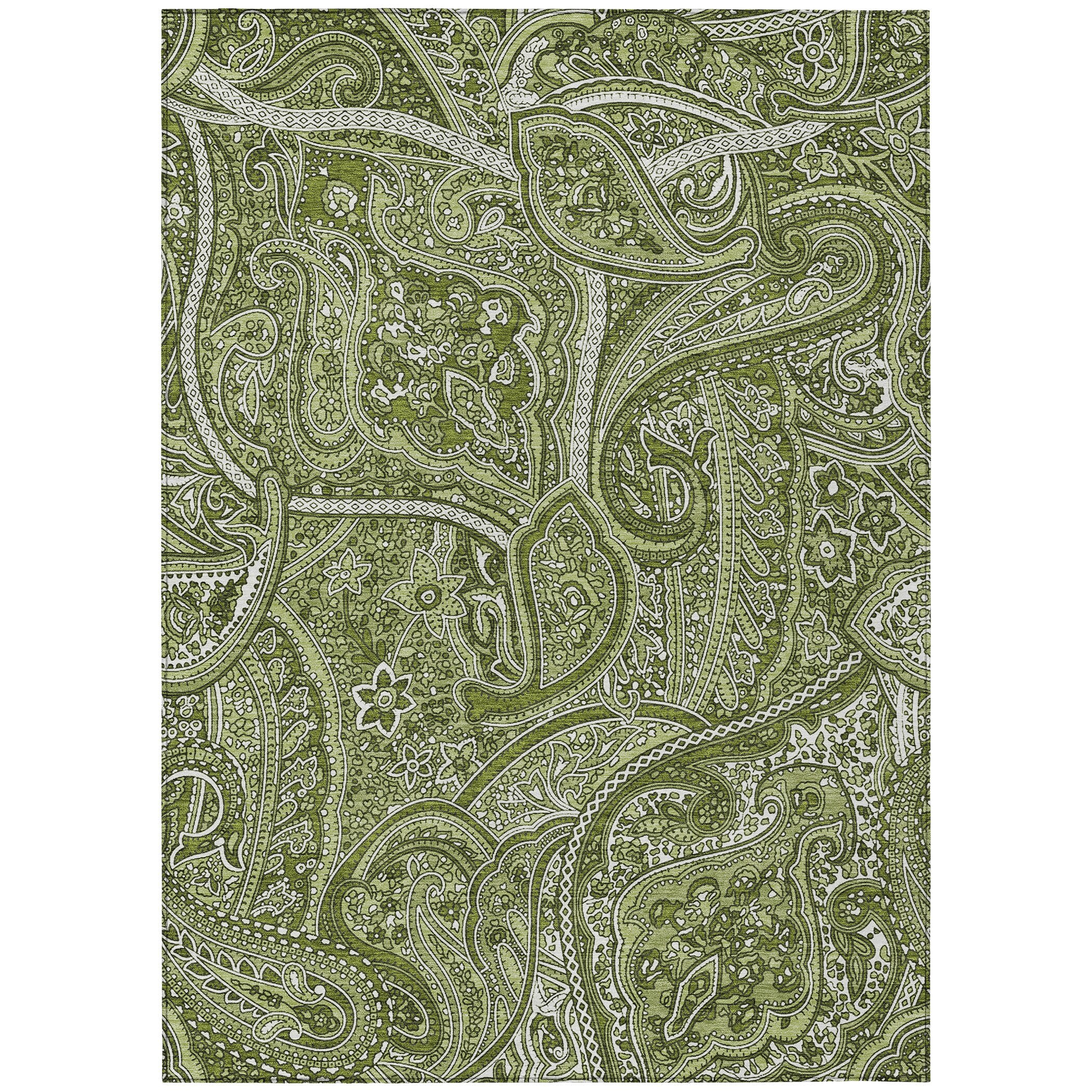Green Paisley Machine-Washable Indoor Outdoor Rug 3' x 5'