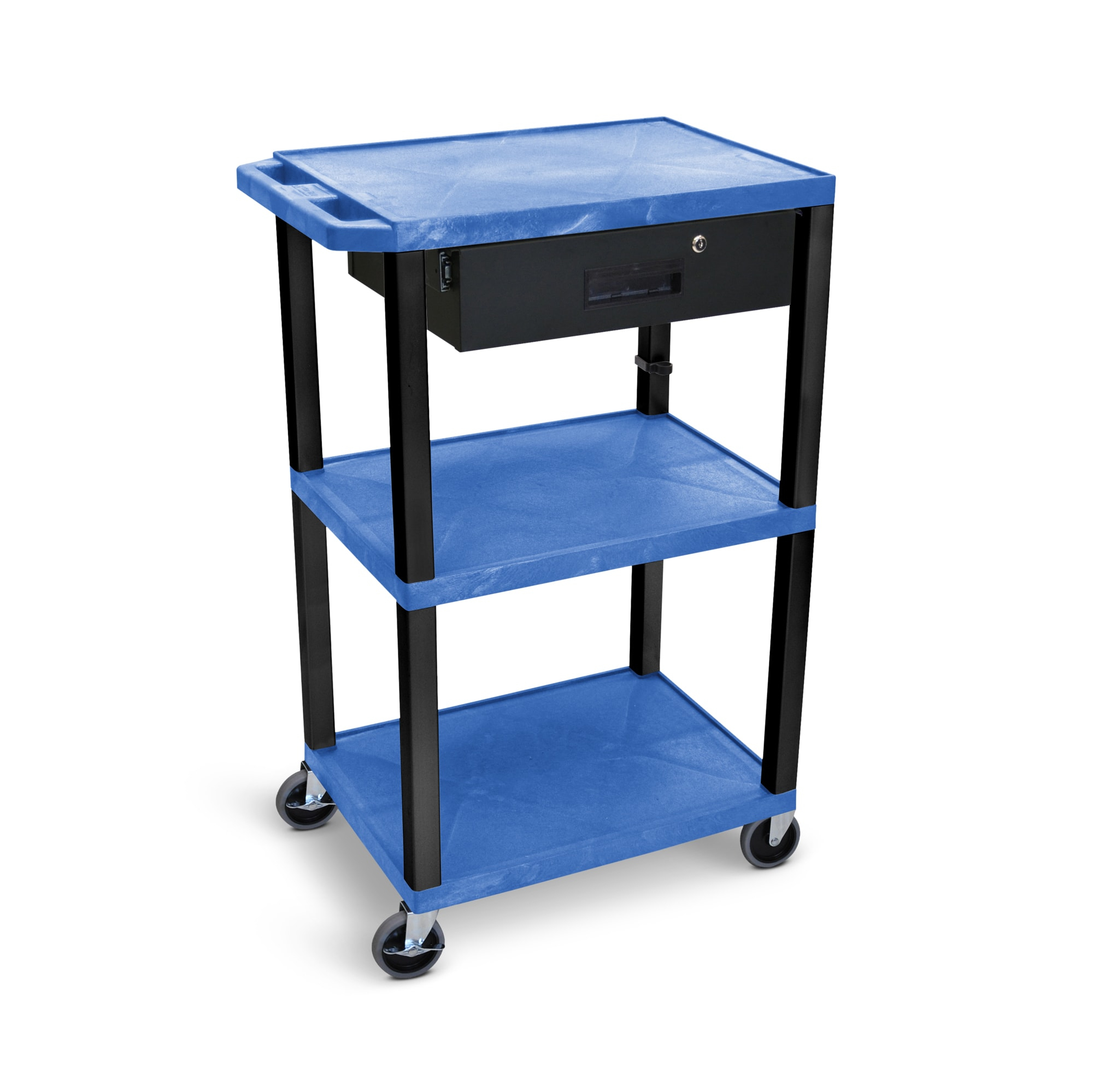 Luxor 18" x 24" Tuffy Three Shelf Flat Utility Cart With Locking Drawer - Blue With Black Legs