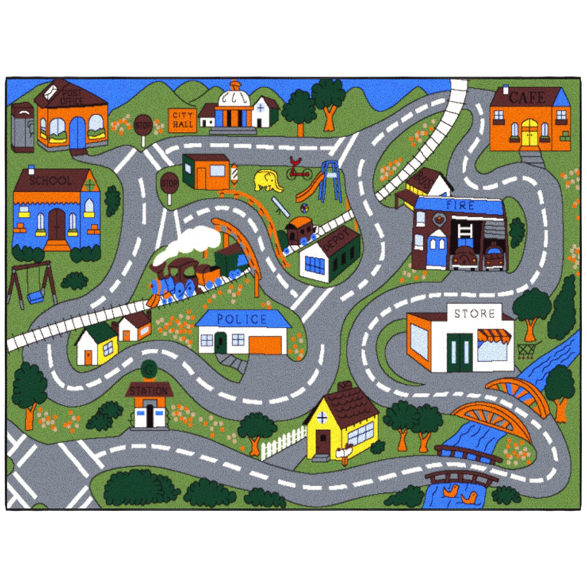 Ottomanson Children Car Road Map 5x7 Washable Non-Slip Area Rug for Kids Playroom, 5' x 6'6", Green/Multicolor