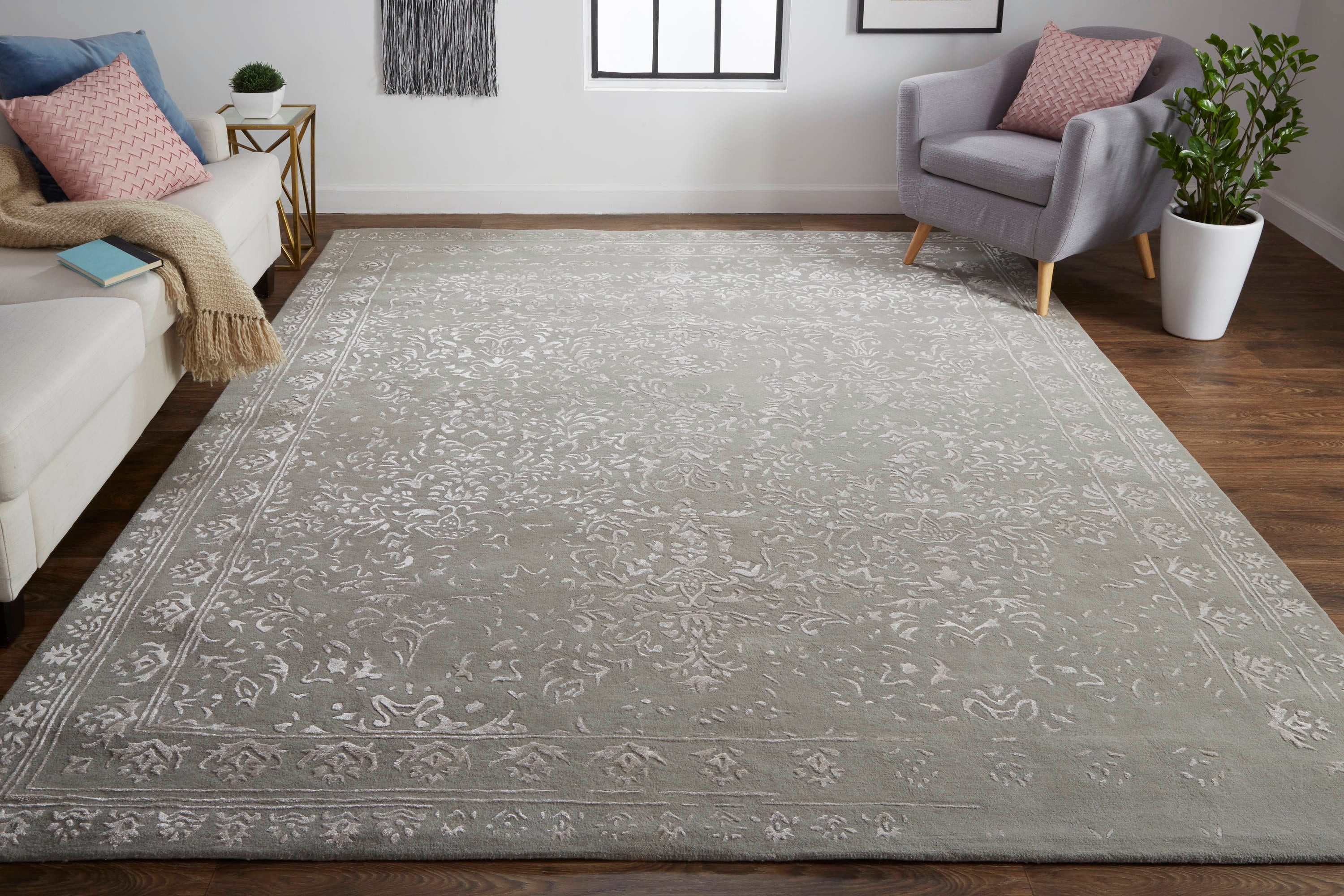 Feizy Bella Transitional Oriental, Gray/Taupe/Silver, 8' x 10' Area Rug Handmade Sheen Bohemian & Eclectic Bordered Floor Rug for Living room Bedroom