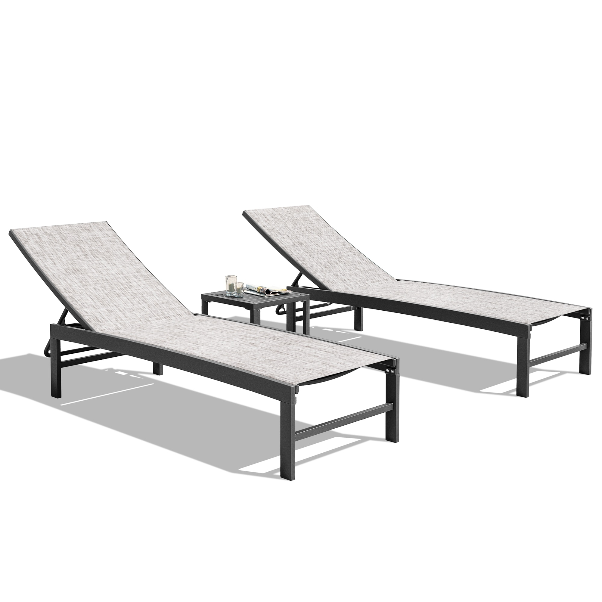 Crestlive Products Outdoor Aluminum Textilene Chaise Lounge Chairs and Table Set of 3 Earth Fabric, Dark Grey Frame