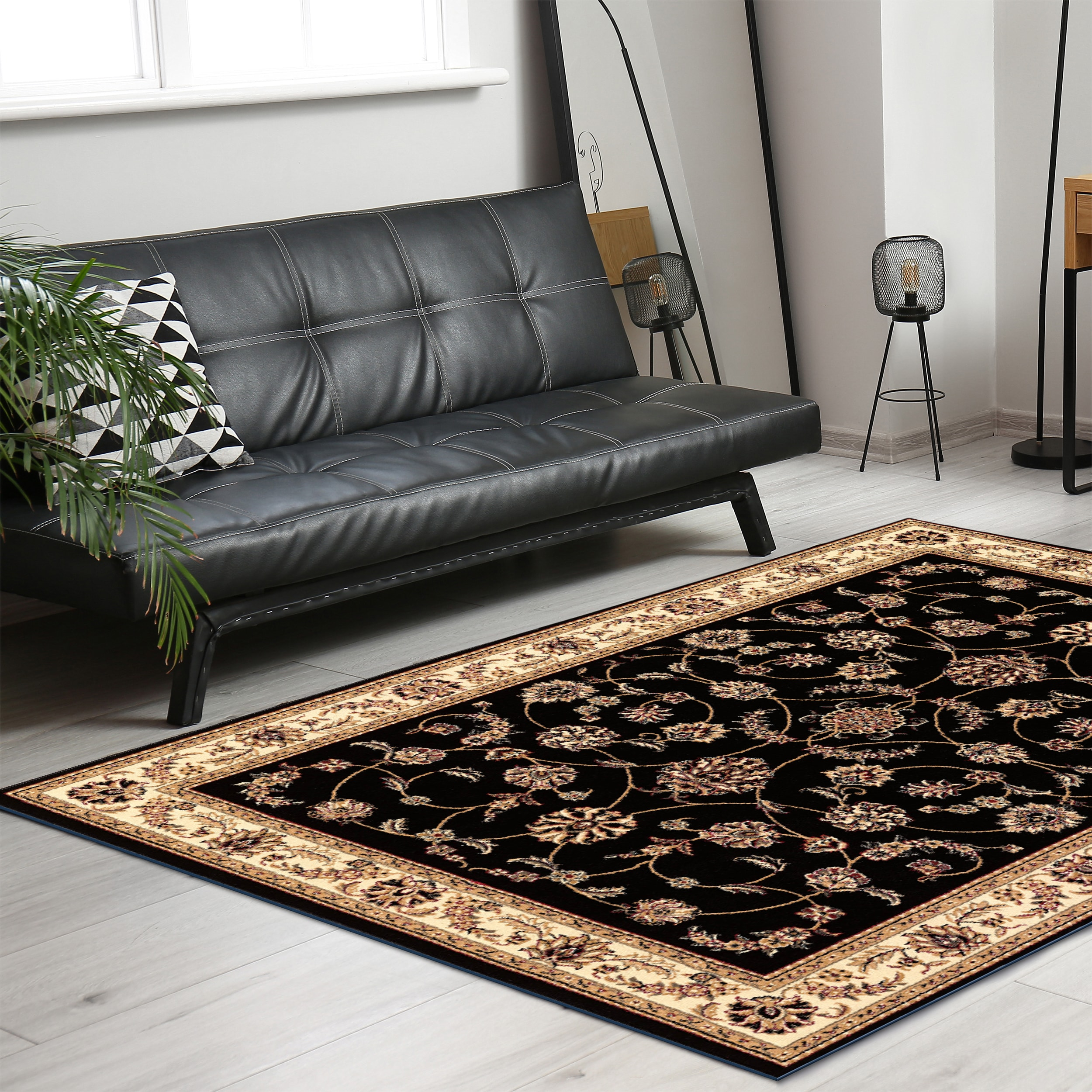 Radici Usa Como Area Rug 1596 Black Italian Bordered 5' 5" x 7' 7" Rectangle